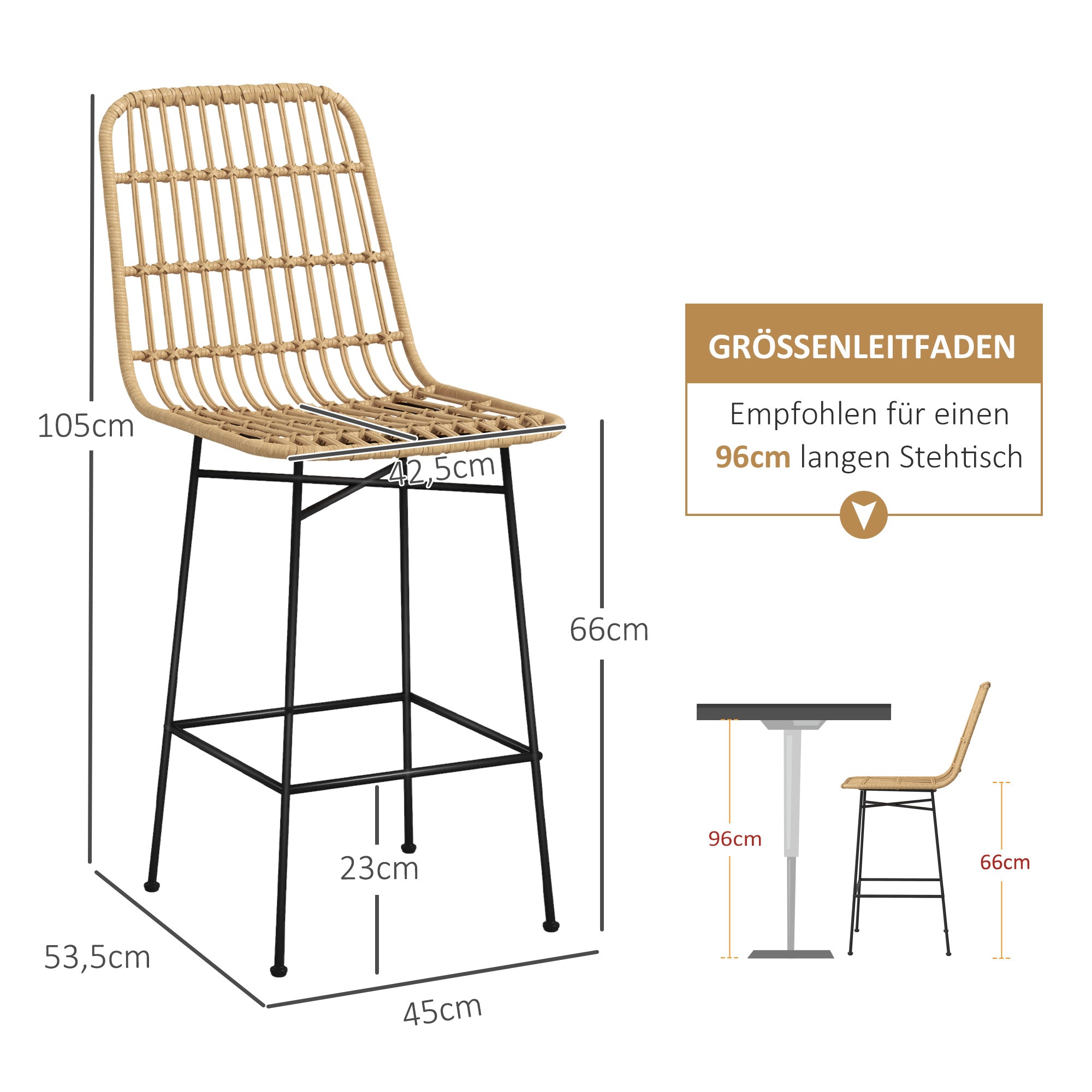 HOMCOM Barhocker Barstuhl, Boho-Stil, PE-Rattan, 45 x 53,5  x 105 cm, Natur + Schwarz