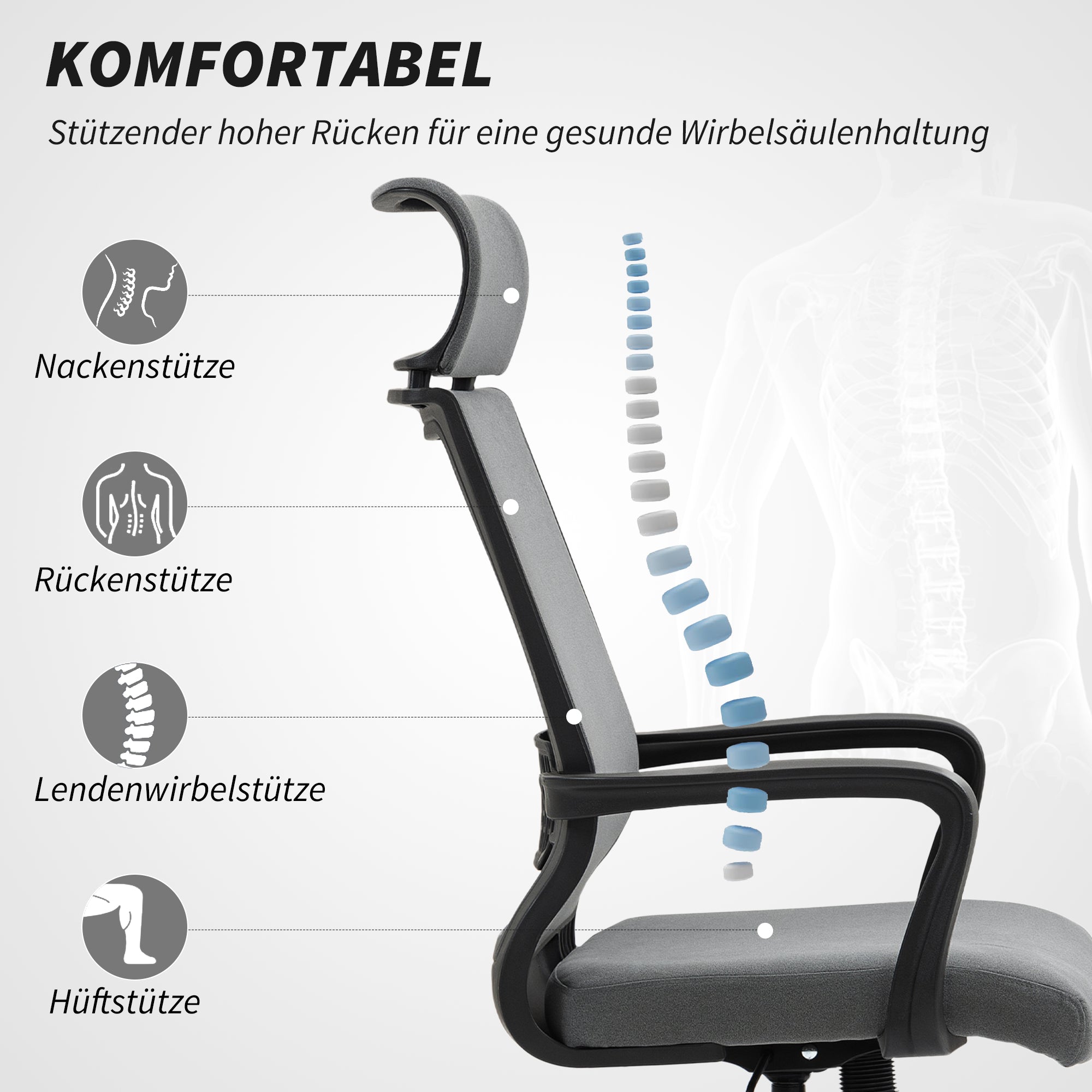 HOMCOM Bürostuhl mit weicher Rückenlehne, Räder, Armlehnen, höhenverstellbarer Schreibtischstuhl, Kunstwolle, Grau