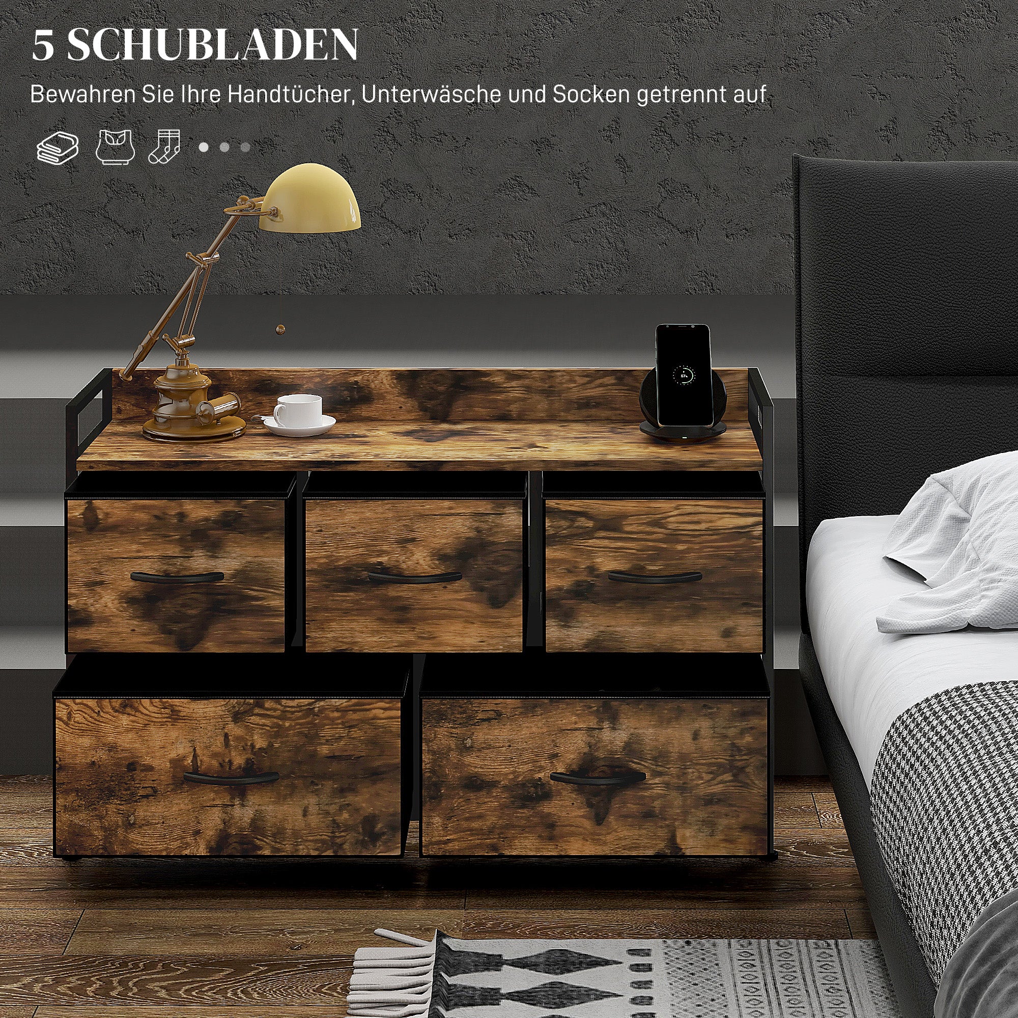 HOMCOM Kommode mit faltbaren Stoffschubladen, Melaminholz, Stahlrahmen, Braun