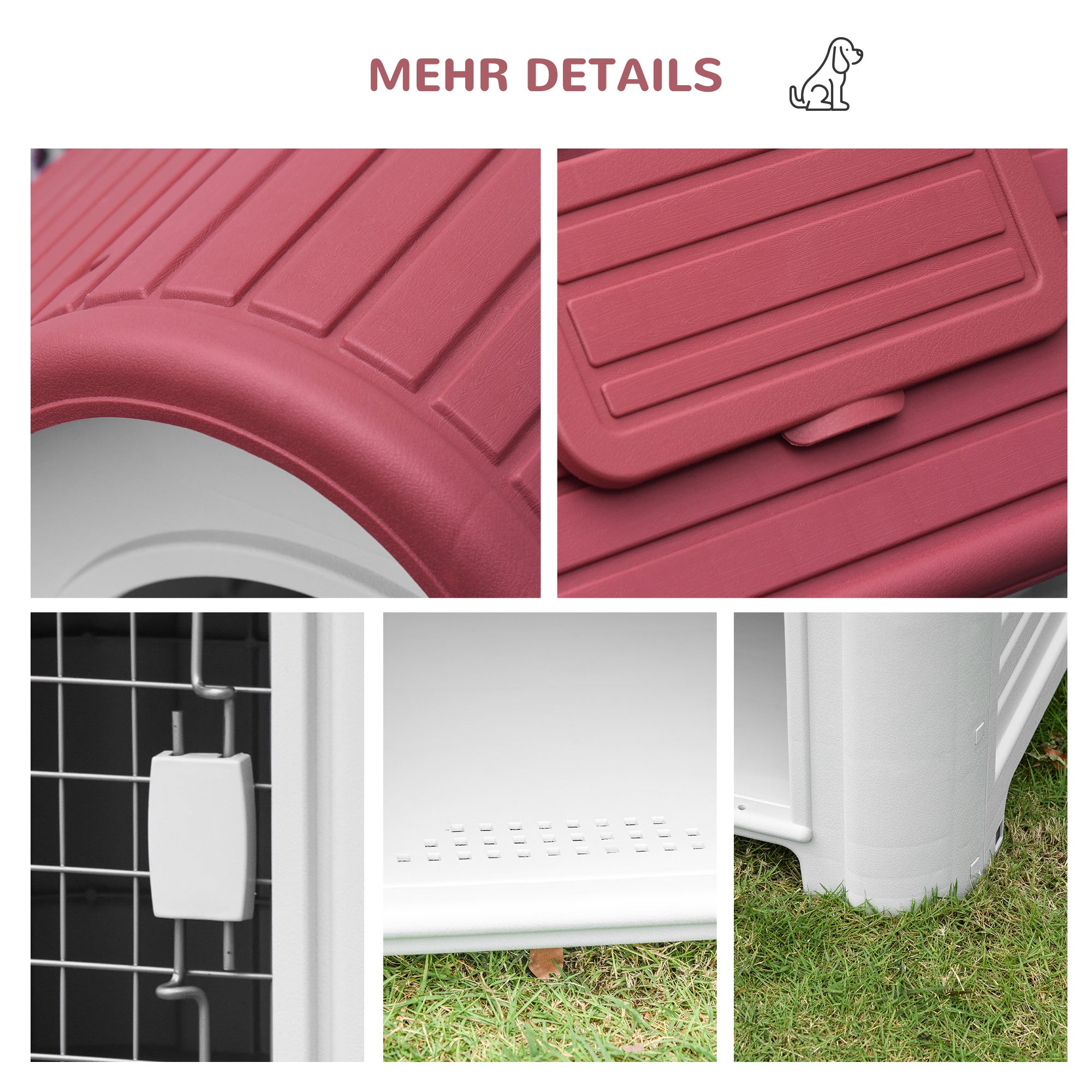 PawHut Hundehütte Outdoor Hundehaus mit Dachluke Tor Unterschlupf für kleine Hunde Kleintierstall Luftzirkulation wasserdicht Metall Kunststoff Rot+Hellgrau 59 x 75 x 66 cm