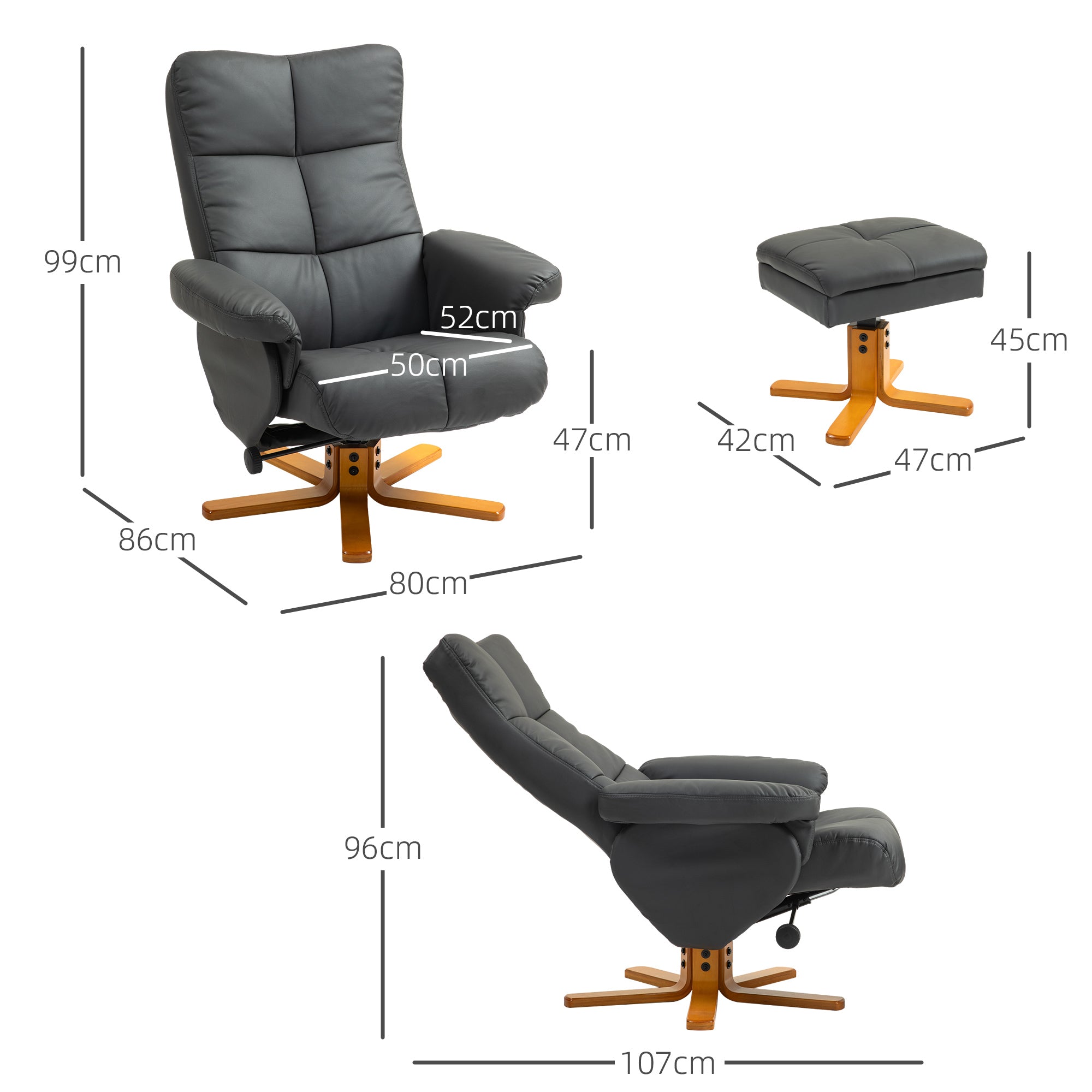 HOMCOM Relaxsessel mit Hocker, 145° neigbare Rückenlehne, 360° drehbar, Kunstleder, Dunkelgrau