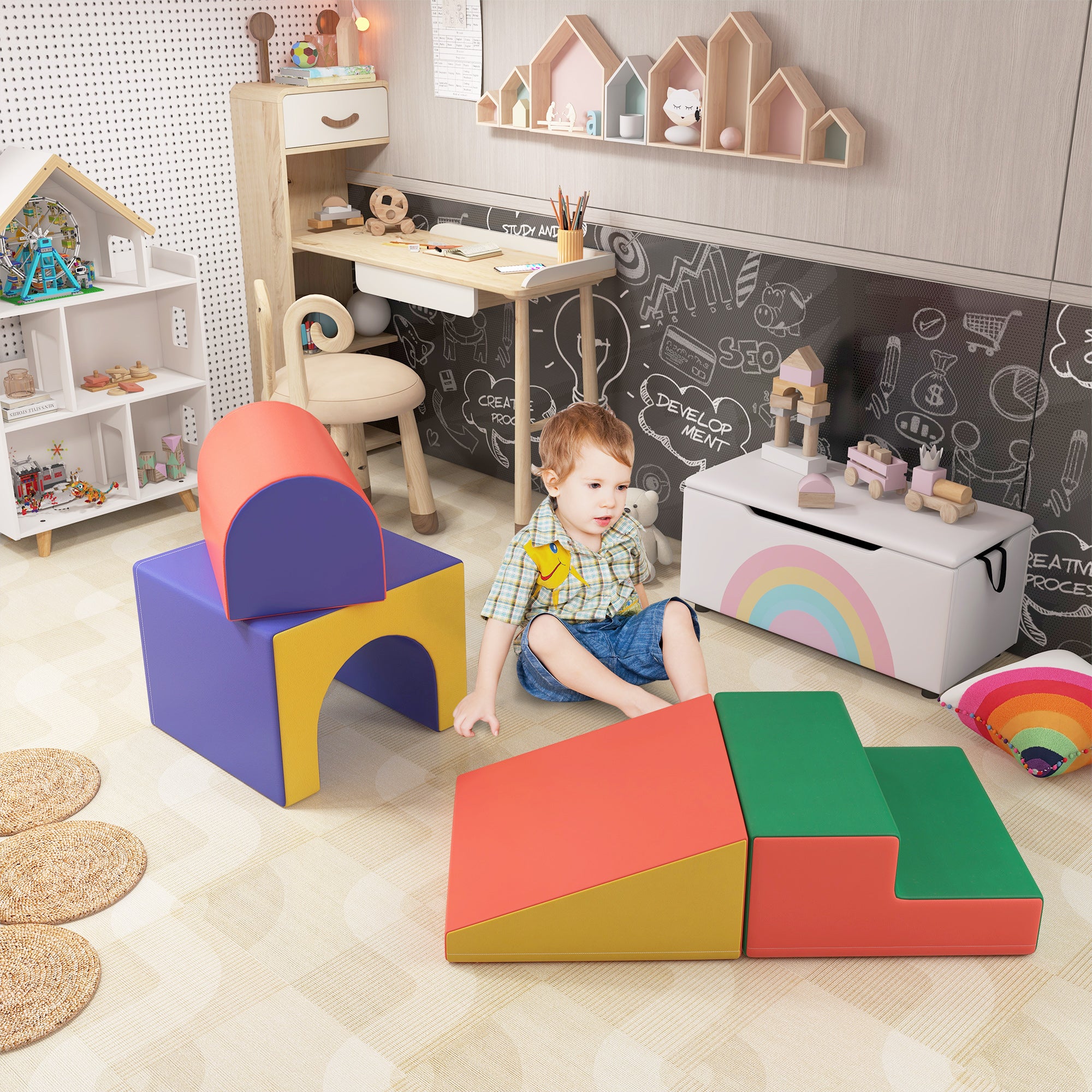HOMCOM 4er Softbaustein-Set zum Klettern und Rutschen, Kunstlederbezug, für Kinder im Alter von 1-3 Jahren, Mehrfarbig