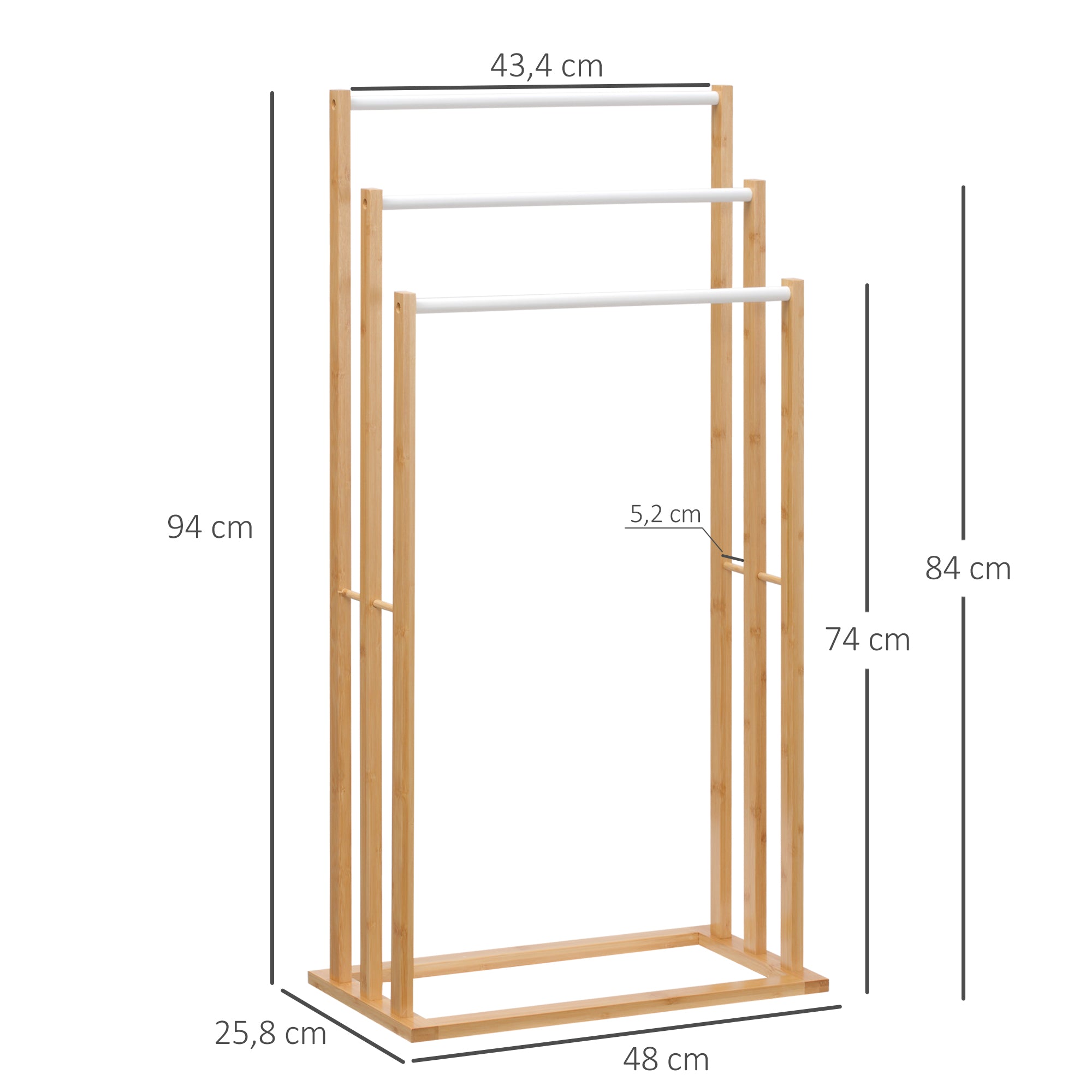 HOMCOM Handtuschständer aus Bambus. 3-teiliges Design, 3 Handtuchstangen 48 cm x 25,8 cm x 94 cm, Natur + Weiß