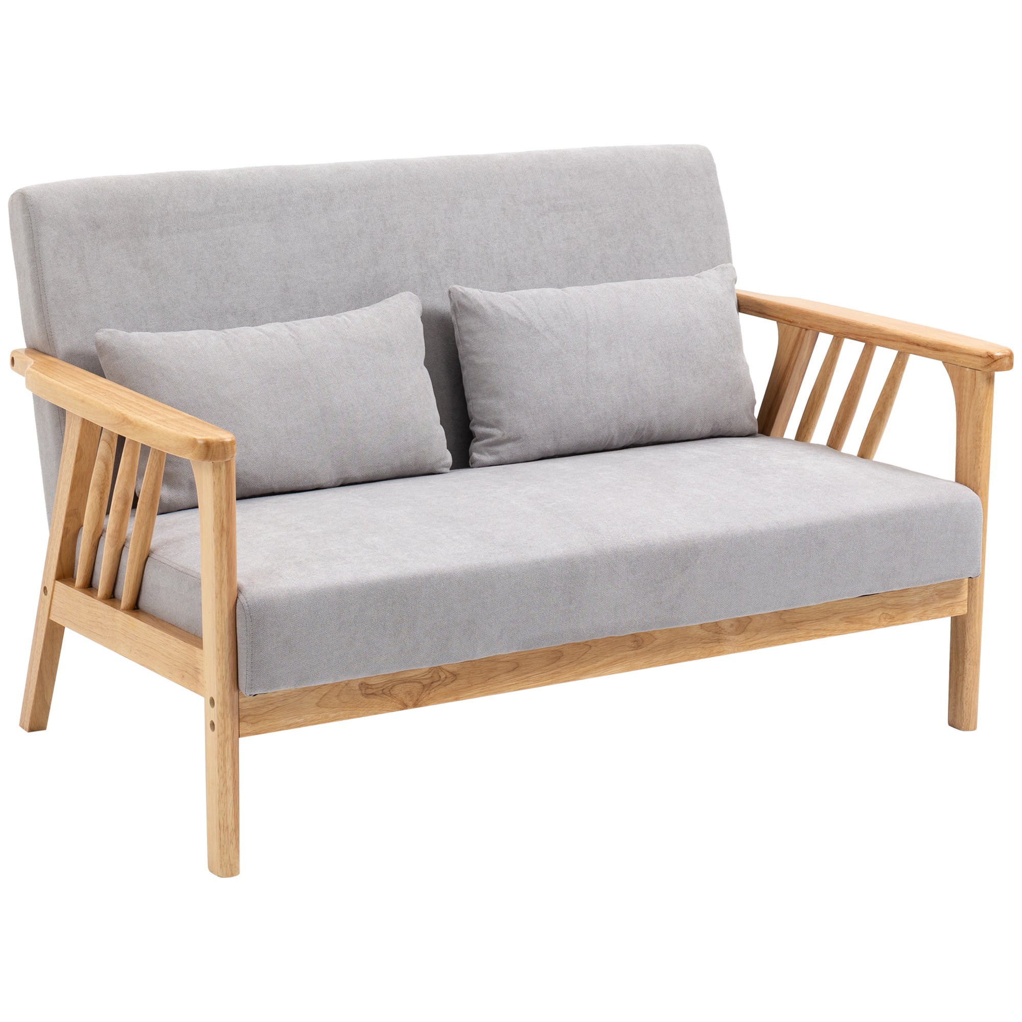 HOMCOM Sofa Relaxsofa 2-Sitzersofa, inkl. 2 Kissen, Samtoptik, Kautschukholz, 130 cm x 75 cm x 78 cm, Grau + Natur