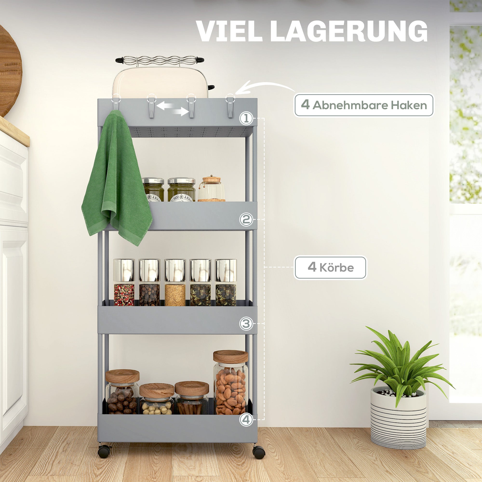 HOMCOM Küchenwagen mit 4 Regalen, 4 flexiblen Haken, 4 Rollen, 40 cm x 19 cm x 90 cm, Nischenwagen, Grau