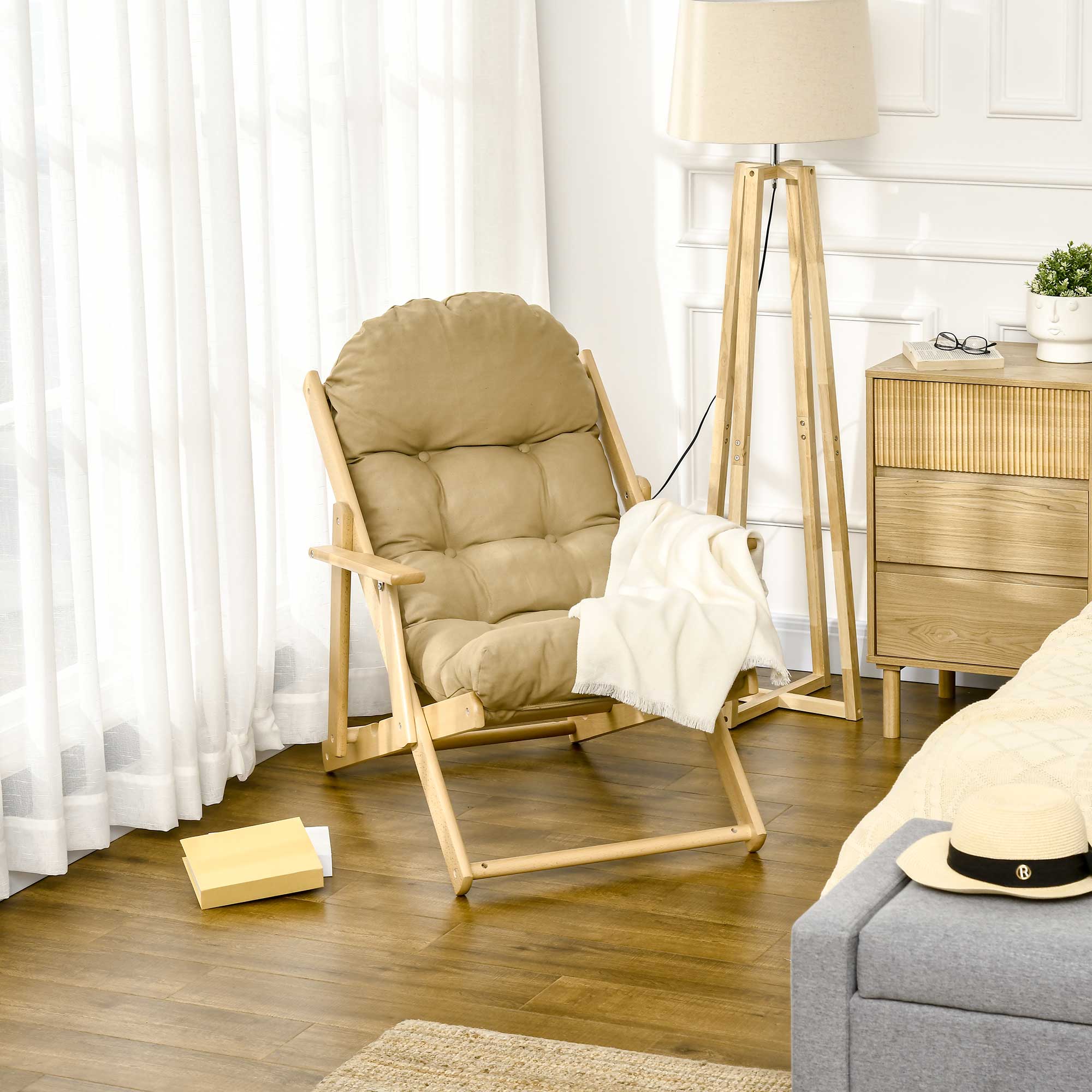 HOMCOM Klappbarer Relaxsessel aus Buchenholz, Braun