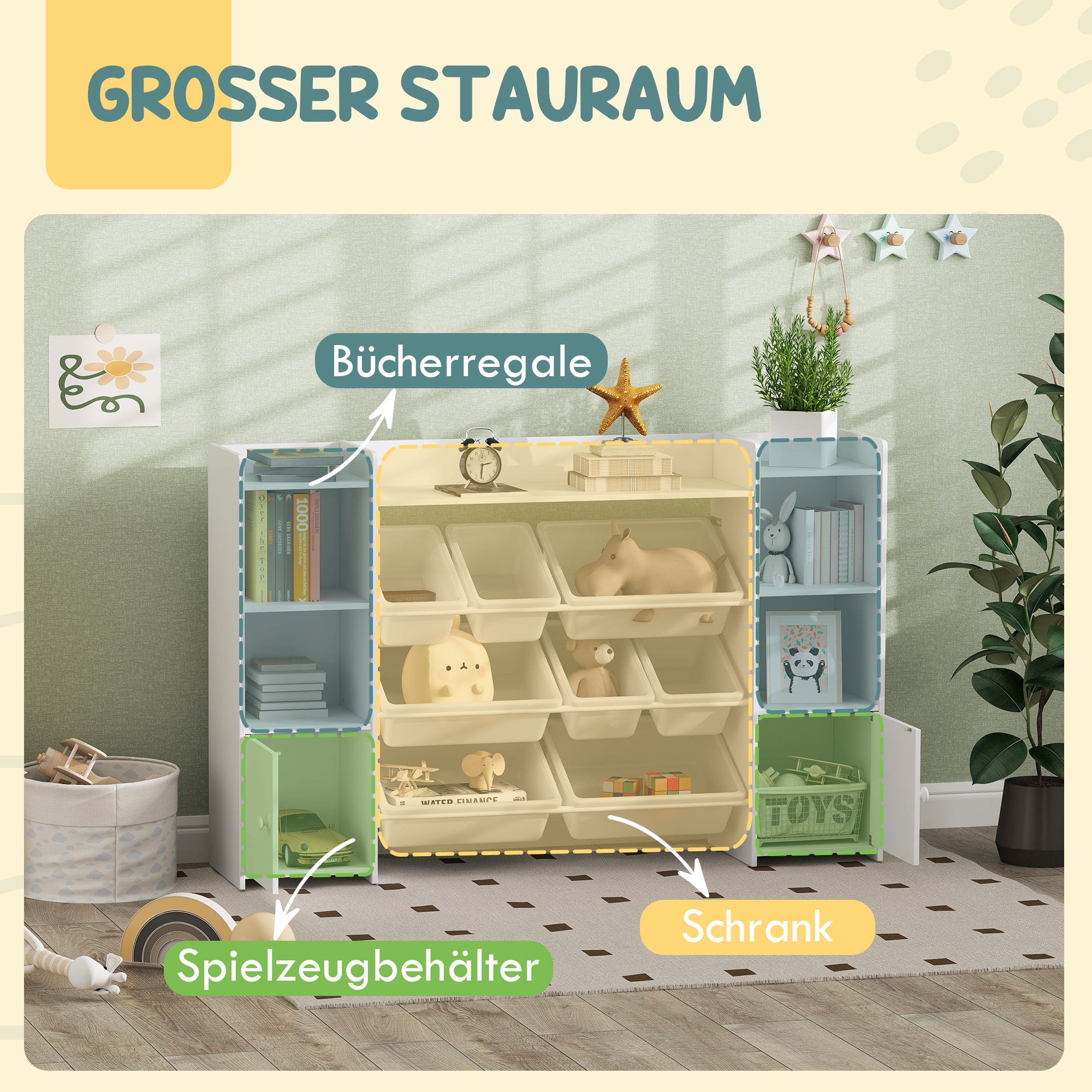AIYAPLAY Kinder-Aufbewahrungsregal, Regal für Spielzeug und Bücher, zum übersichtlichen Aufräumen, 8 herausnehmbare Boxen, Weiß