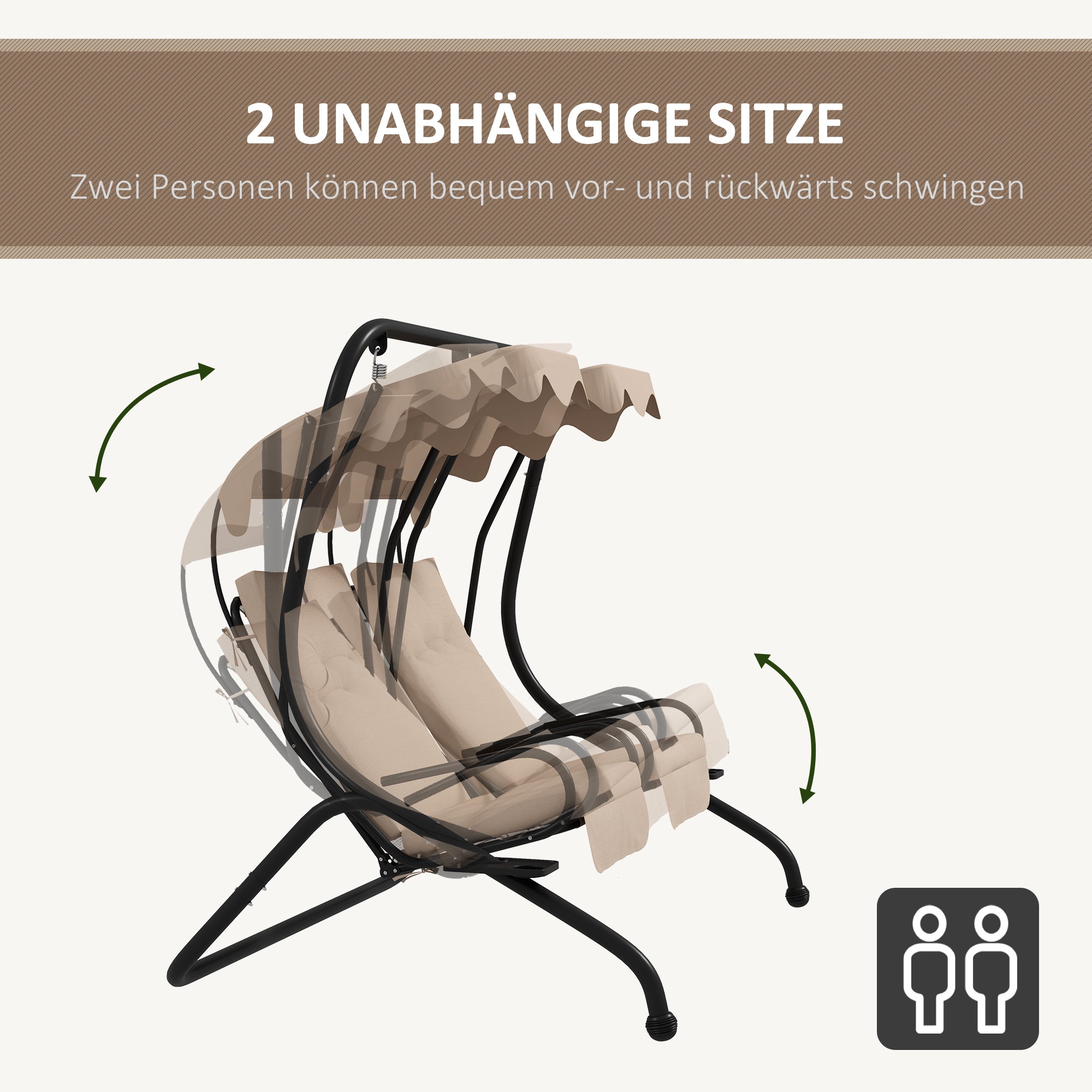 Outsunny Hollywoodschaukel Gartenschaukel, wetterbeständig,2 getrennte Size, 2 Getränkehalter, 170 cm x 136 cm x 170 cm, Beige