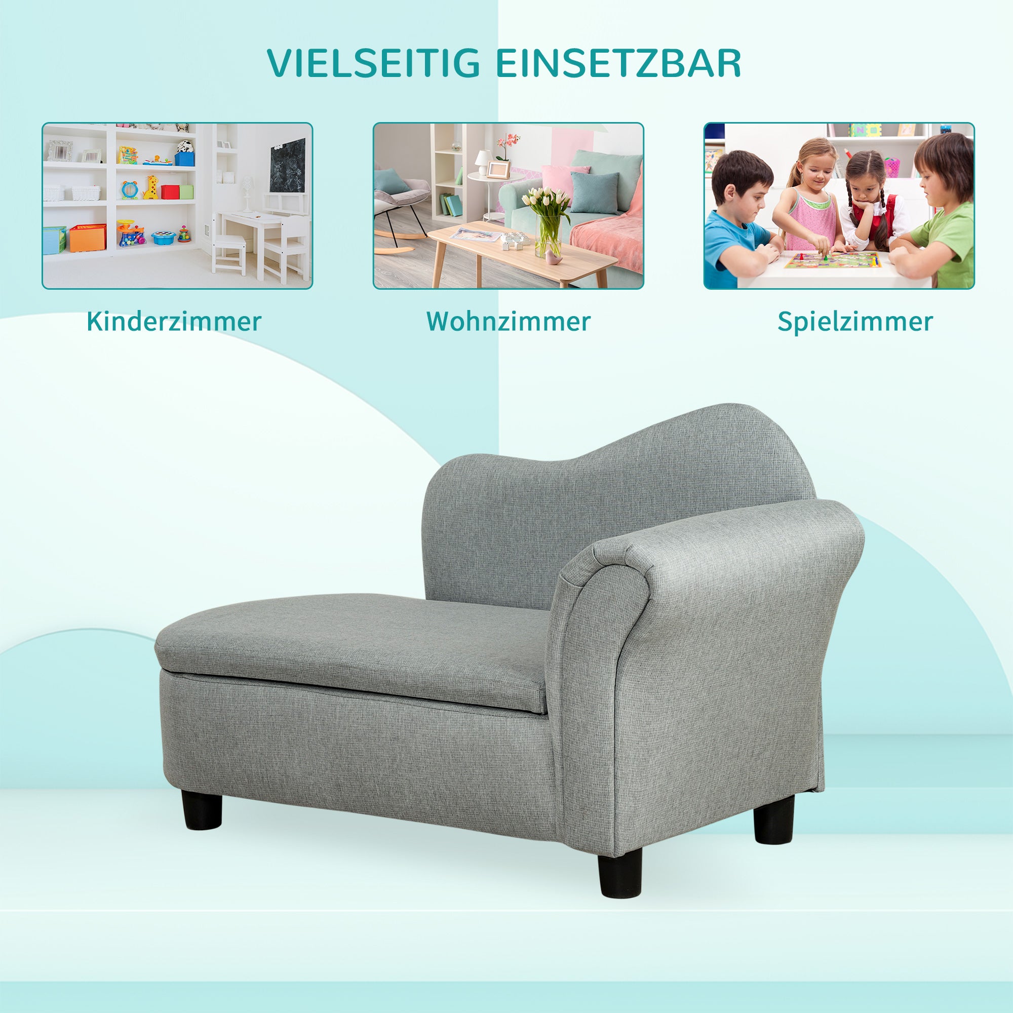 HOMCOM Kindersofa, Récamiere, verstecktes Staufach, Rahmen aus Eukalyptusholz, grau, 80 x 40 x 49cm