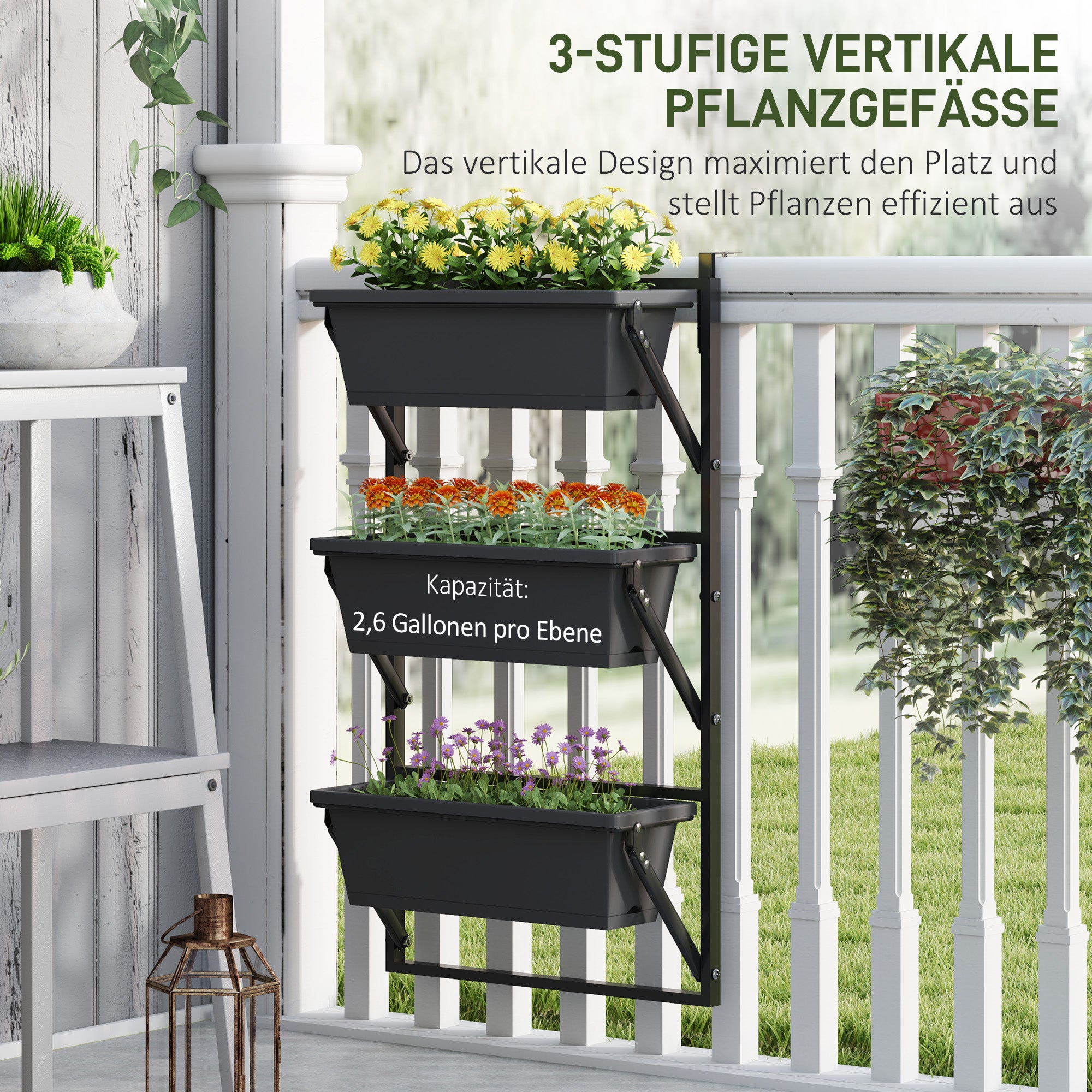 Outsunny er Set Blumentopf Pflanzkübel mit Löcher, 56x42 cm Pflanztöpfe, eckig Pflanztopf, Kunststoff Dunkelgrau