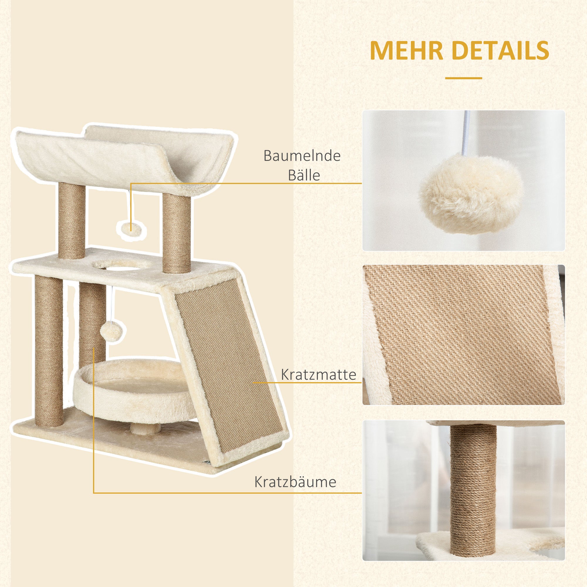 PawHut Kratzbaum Katzenbaum, inkl. Spielzeug und Katzenbett, 60 cm x 30 cm x 76 cm, Creme + Natur
