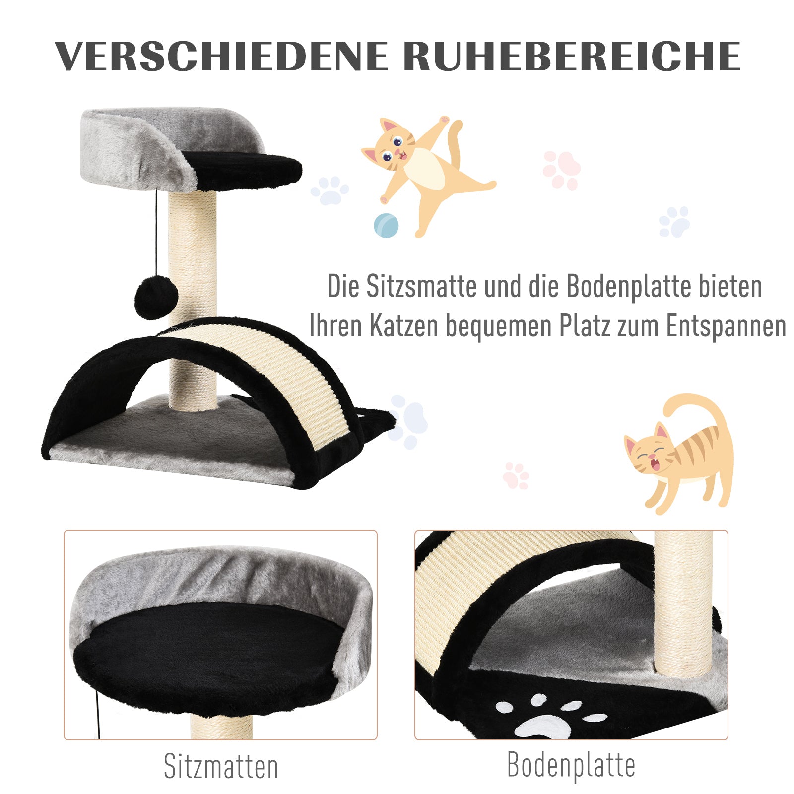 PawHut Kratzbaum Katzenbaum mit Spielbällen Katzenkratzbaum Sisalseil-Kratzstangen Schwarz 35,5 x 37 x 46 cm