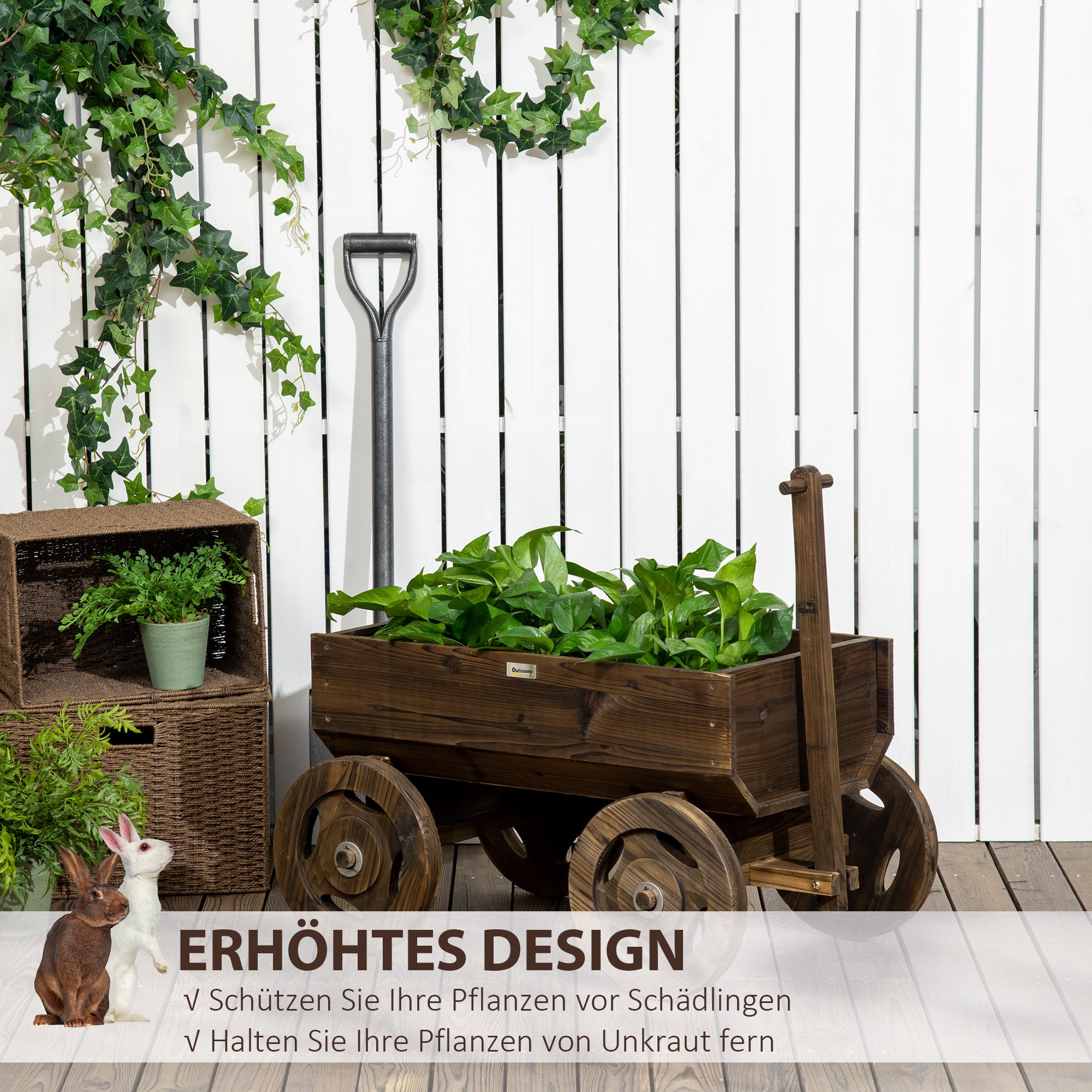 Outsunny Hochbeet im Holzwagen-Design, Brandlackierung, beweglich, wetterbeständig, Braun