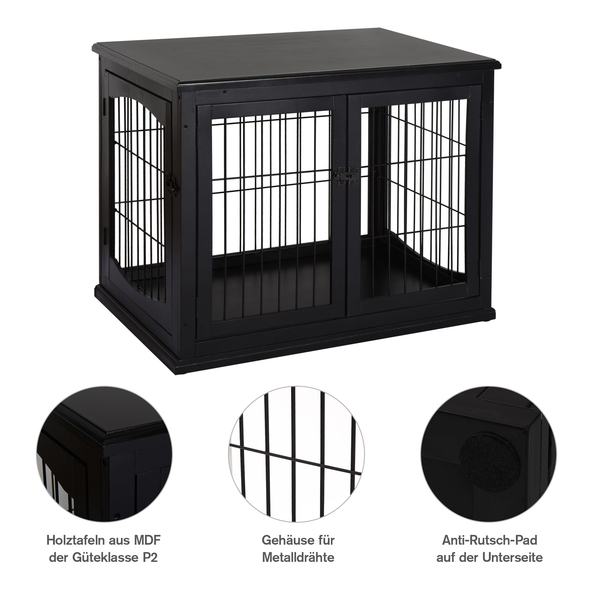 PawHut Transportbox für Hunde 58,5 cm x 81 cm x 66 cm Türen, MDF-Holz Eisen, 58, 5 cm x 81 cm x 66 cm, Schwarz