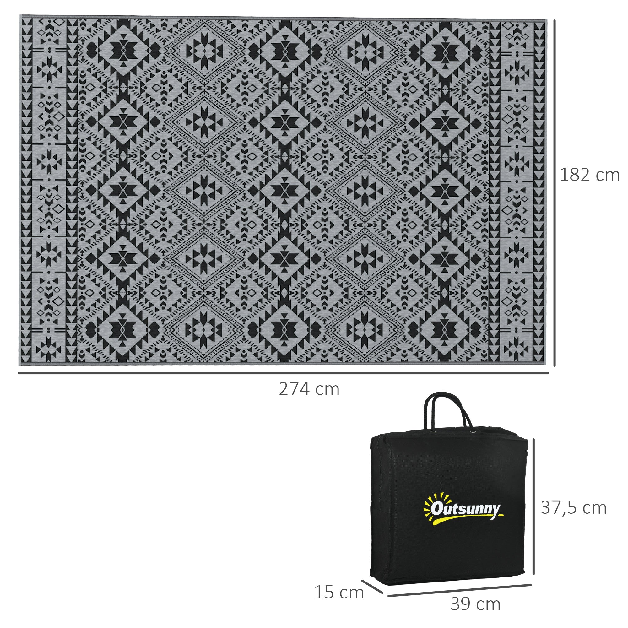 Outsunny Outdoor Wendeteppich, wasserfest, geometrisch, 182x274cm, Schwarz/Grau