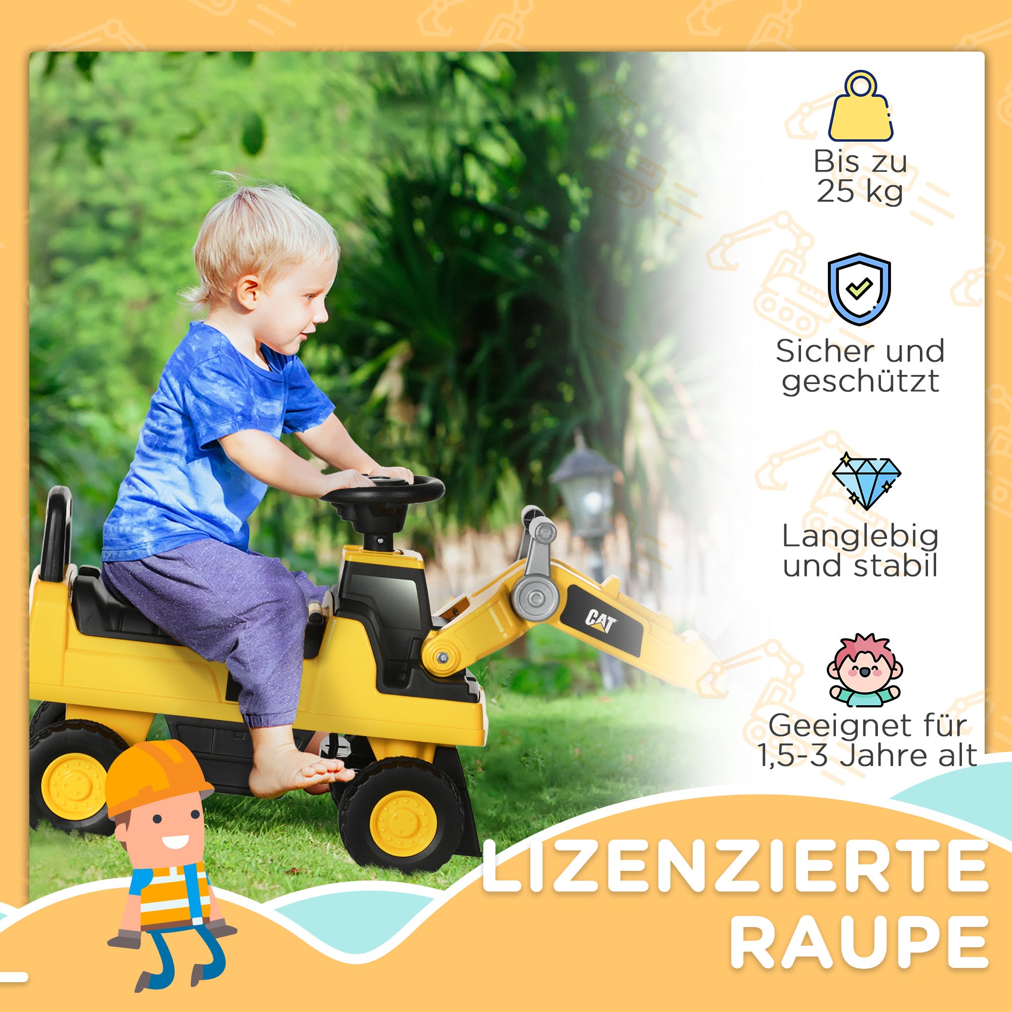 HOMCOM Kinderbagger, Rutscher, bedienbare Baggerschaufel, Kippschutz, rutschfeste Räder, gelb+schwarz, 78 x 29,5 x 54 cm