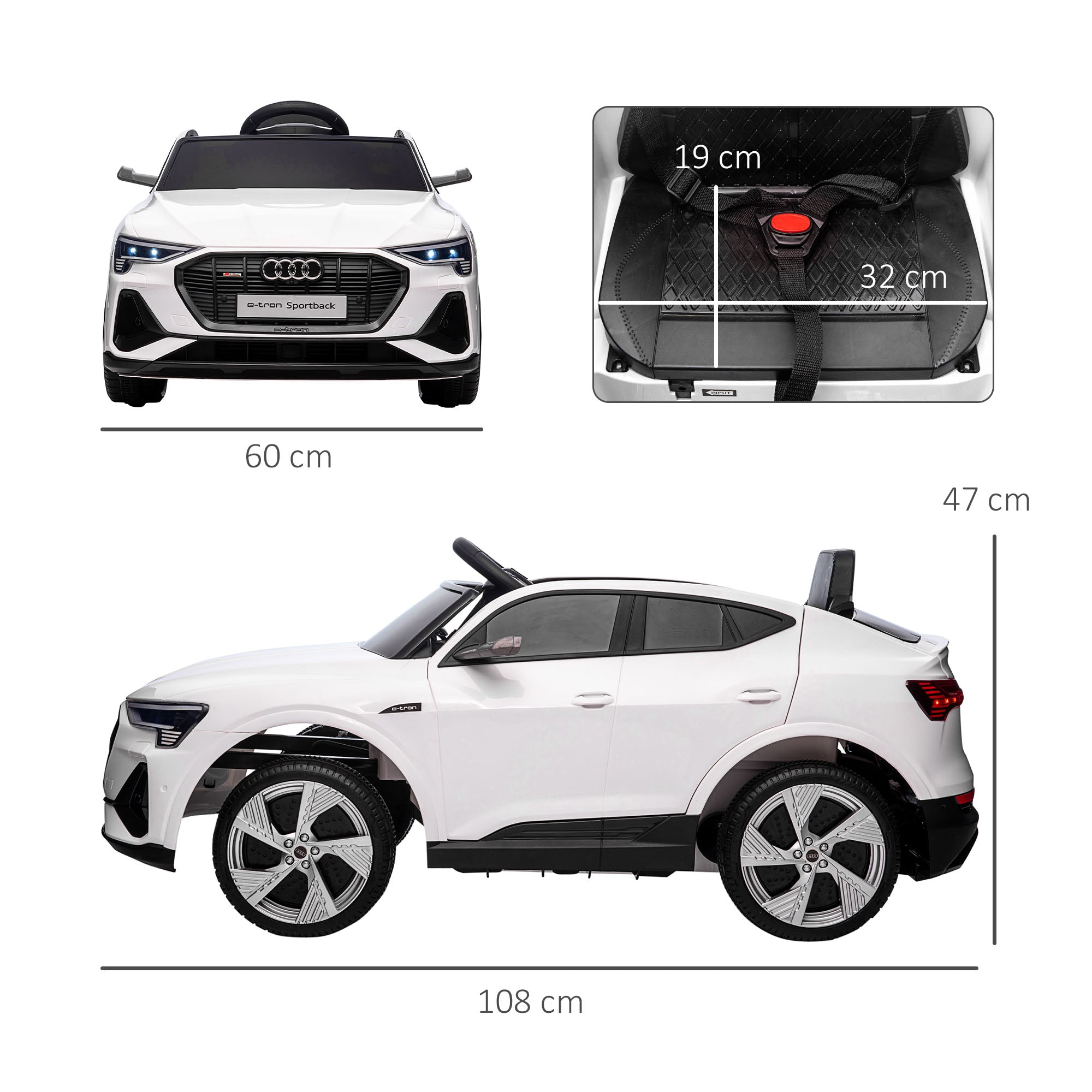 HOMCOM Elektro Kinderauto 12V Elektrofahrzeug Audi E-tron Elektroauto mit Fernbedienung, Sicherheitsgurt, Musik (MP3/USB/TF), Kinderfahrzeug für Kinder 3-5 Jahre, 3-5 km/h, Weiß