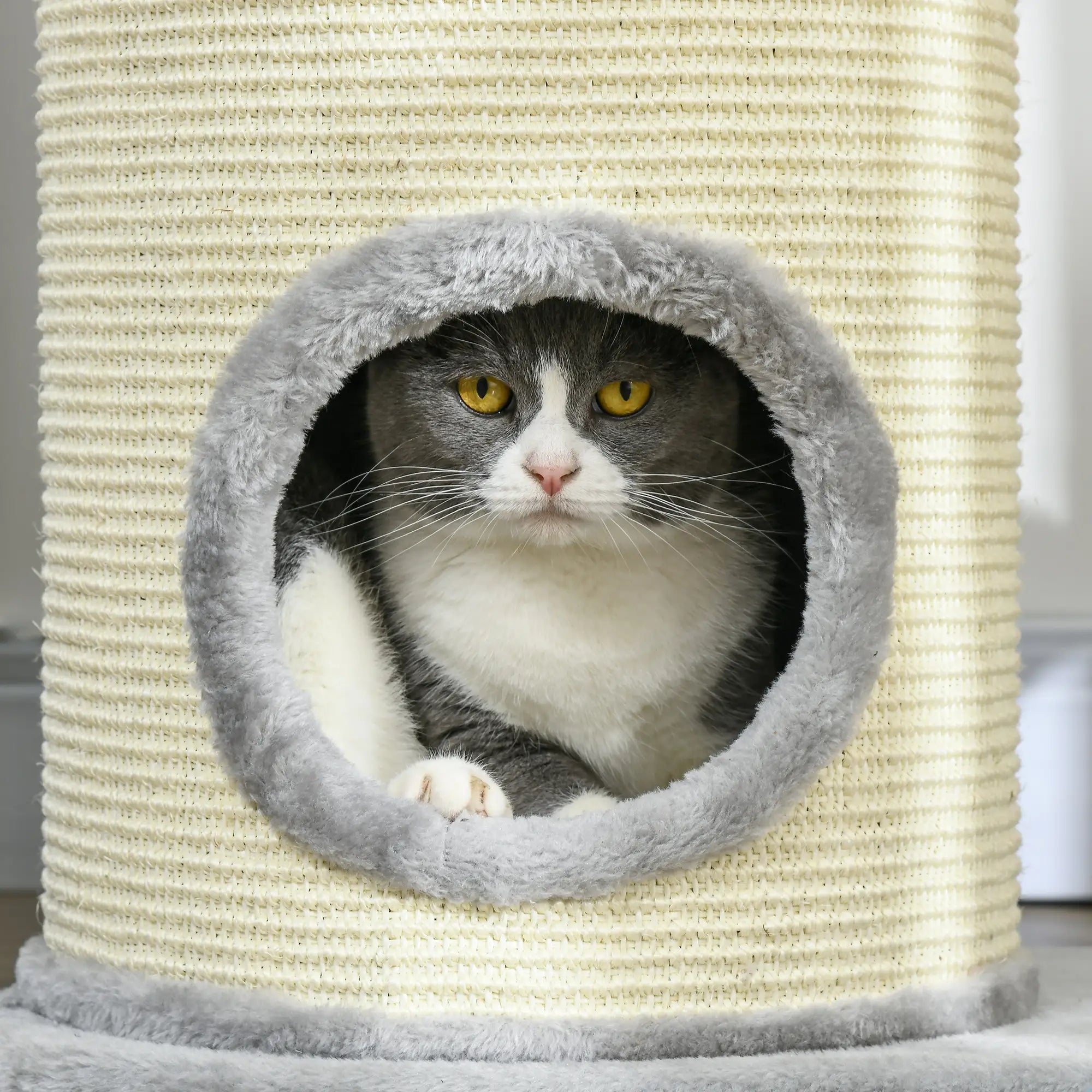 PawHut Kratzbaum für Katzen, Sisal-Seilpfosten, weicher Plüsch, mehrstufig, Ballspielzeug, Grau, 59x35x100 cm
