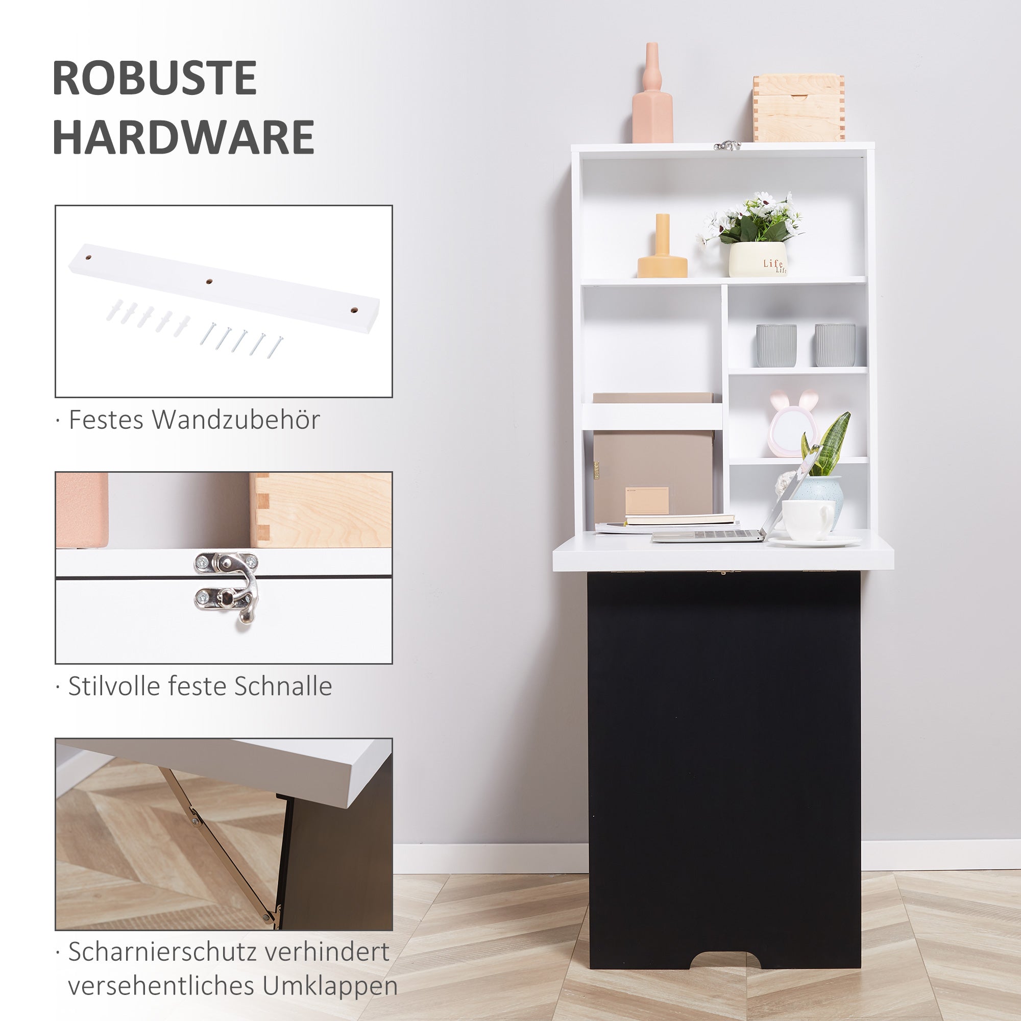 HOMCOM Wandschreibtisch, klappbare Tischplatte, 5 Fächer, 60x94,5x147cm, Schwarz/Weiß
