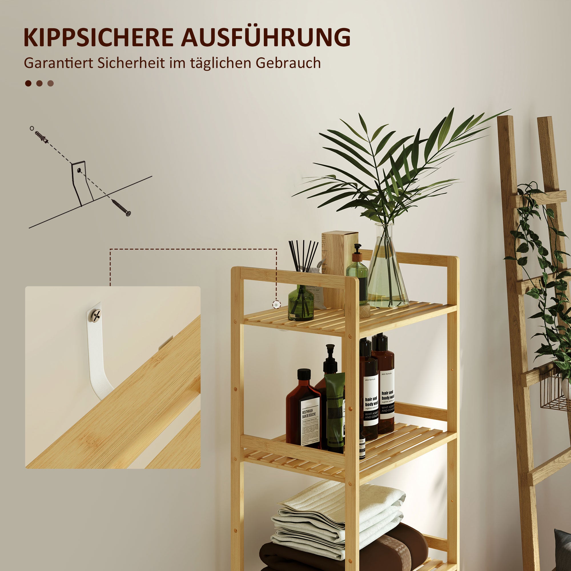 HOMCOM Bambus-Badezimmerregal mit 5 Ebenen, Aufbewahrungsregal mit verstellbaren Regalböden, 43,5 x 31,5 x 142 cm, Naturholz