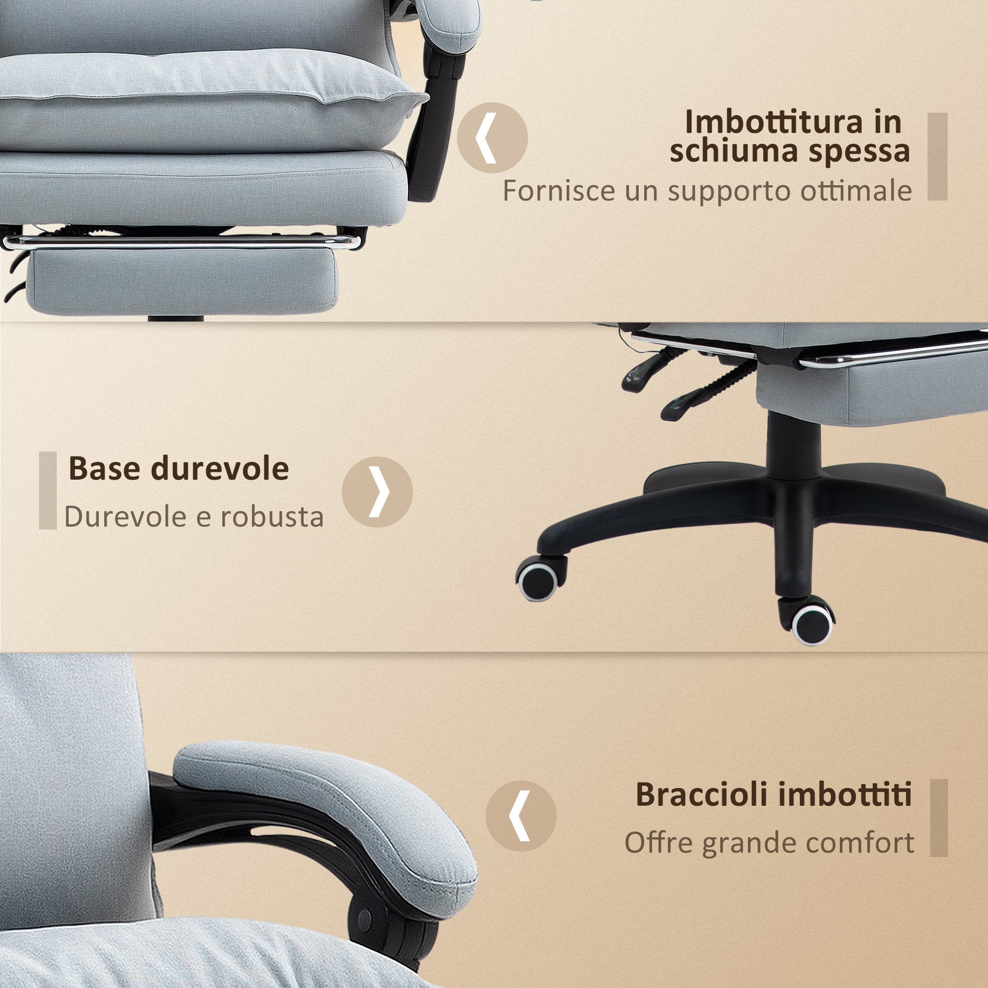 Vinsetto Massage-Bürostuhl, Schreibtischsessel mit Massagefunktion, höhenverstellbarer, ergonomischer Drehstuhl, Nylon, Hellgrau