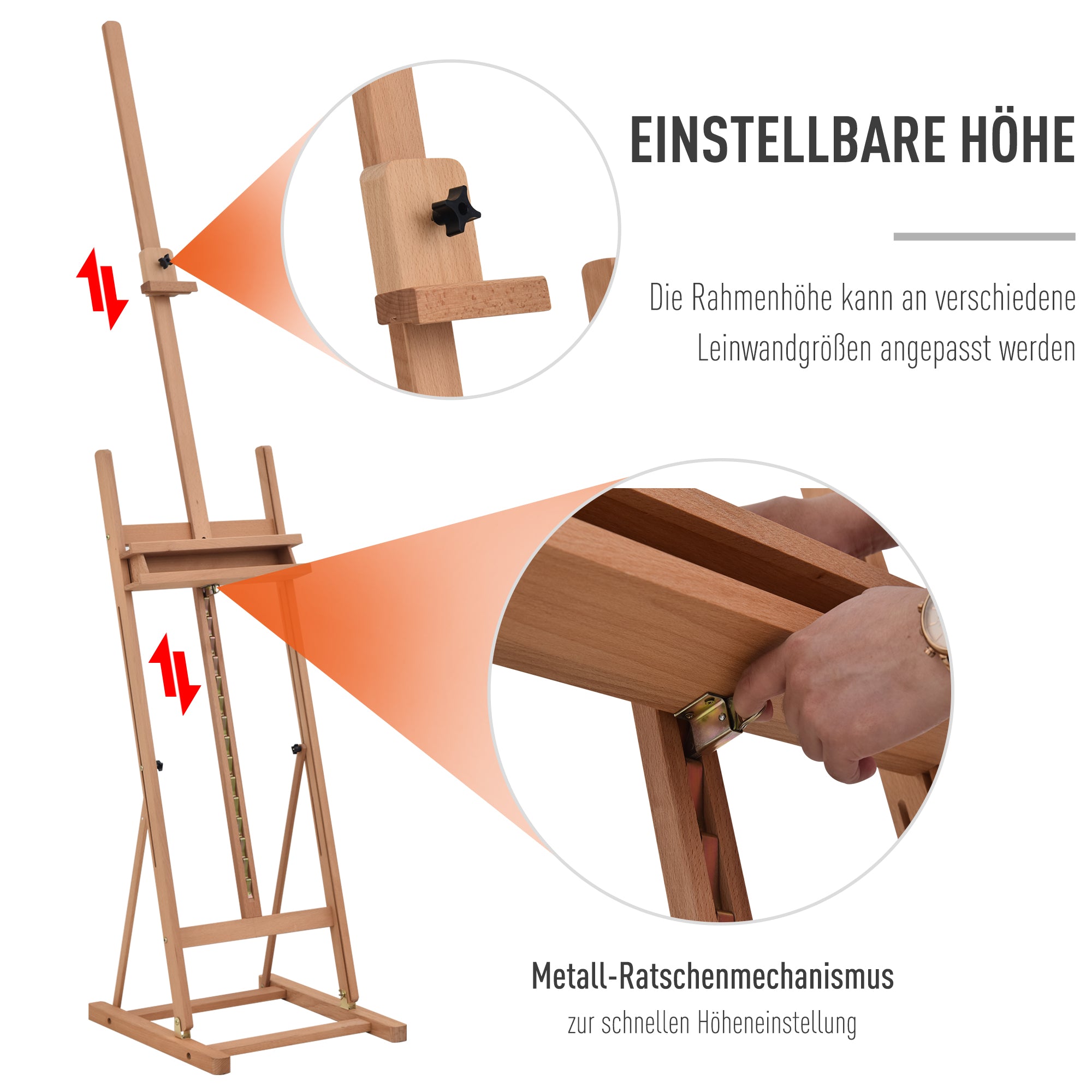 Vinsetto Staffelei Keilrahmen Atelierstaffelei Höhen- und Winkelverstellbar mit Ablagefach Buchenholz Natur 53 x 50,5 x 171-230 cm