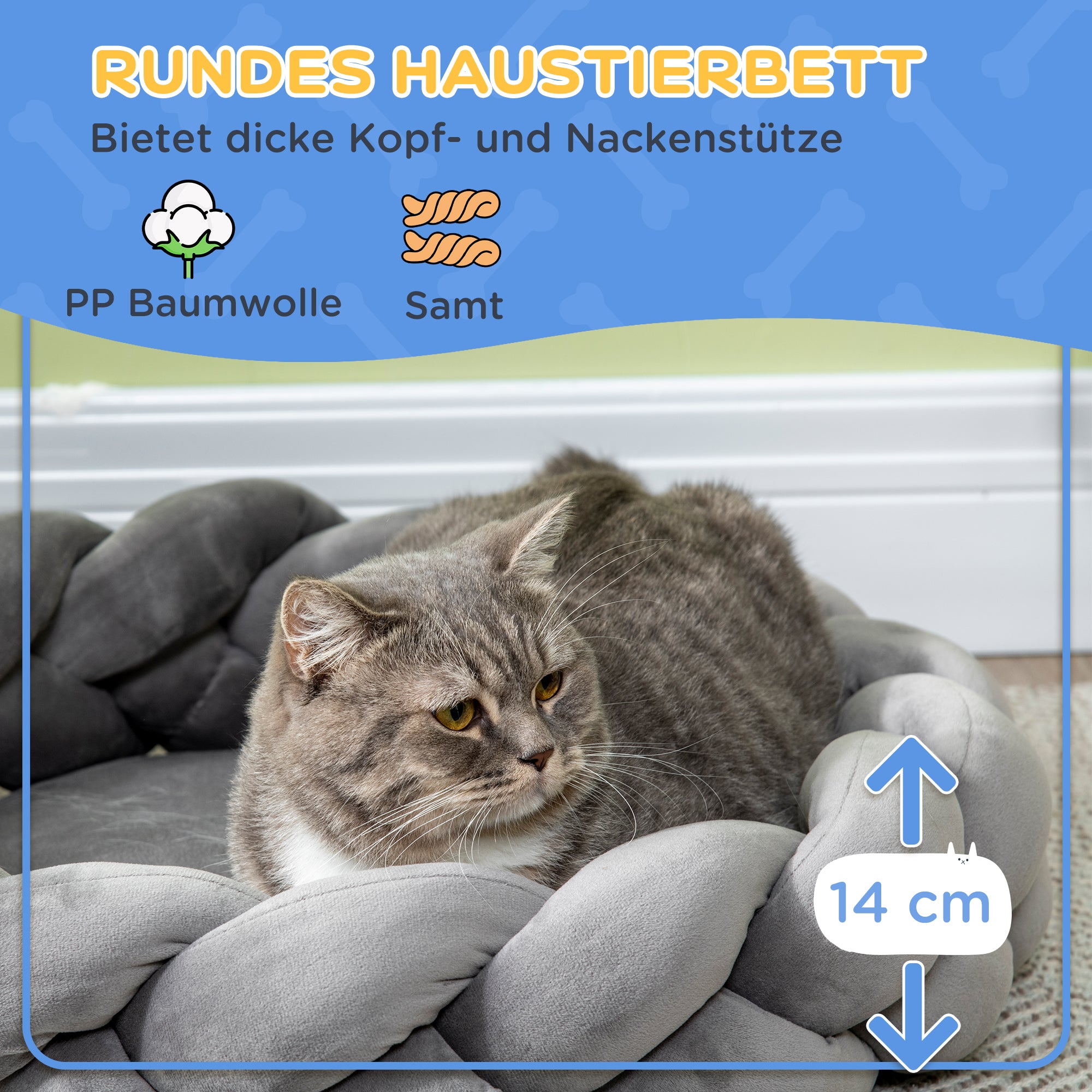 PawHut Haustierbett inkl. Kissen, Katzenbett, Hundekorb, waschbar, 55 cm x 55 cm x 14 cm, Grau