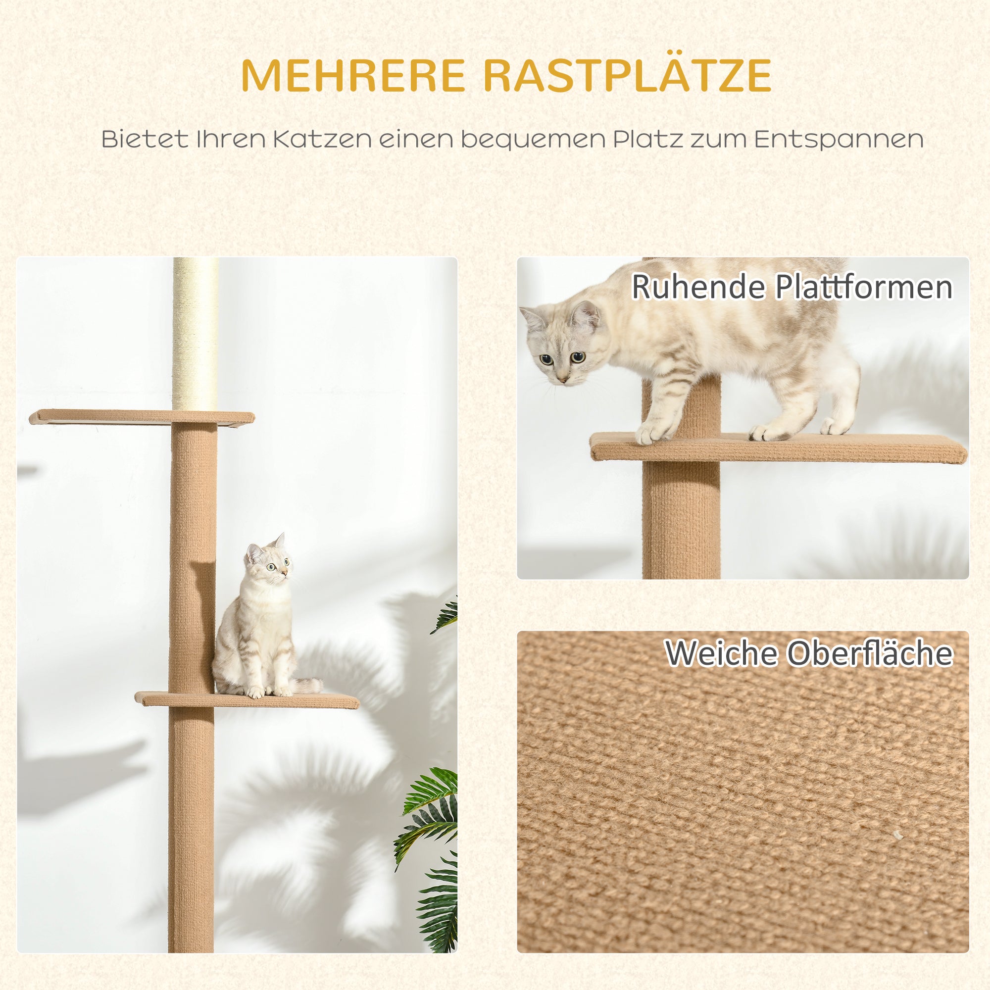 PawHut Kratzbaum Deckenhoch, 228-260 cm Höhenverstellbarer Katzenbaum Kletterbaum für Katzen mit 3 Ebenen, Katzenkratzbaum, Spielbaum vom Boden bis zur Decke Khaki