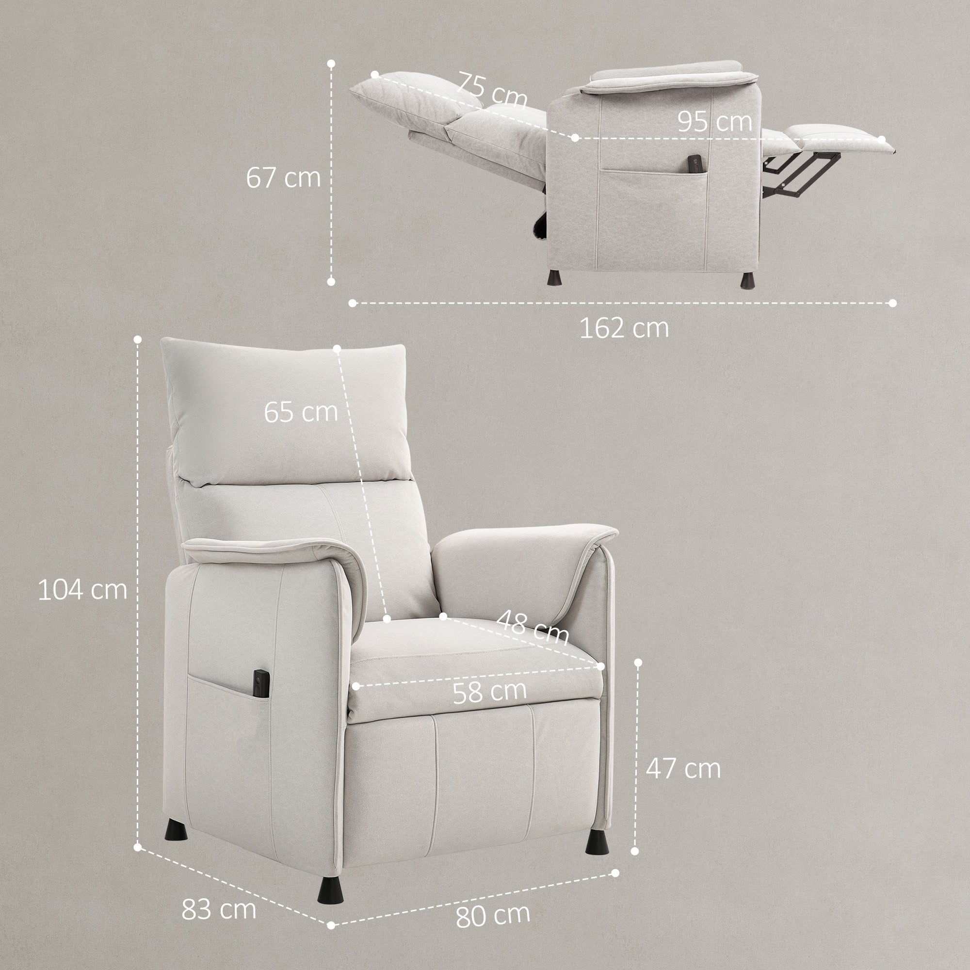 HOMCOM Relaxsessel mit leisem Motor, Polstersessel mit robusten Stoffbezug, Memory-Funktion, anpassbare Fußstütze, Cremeweiß