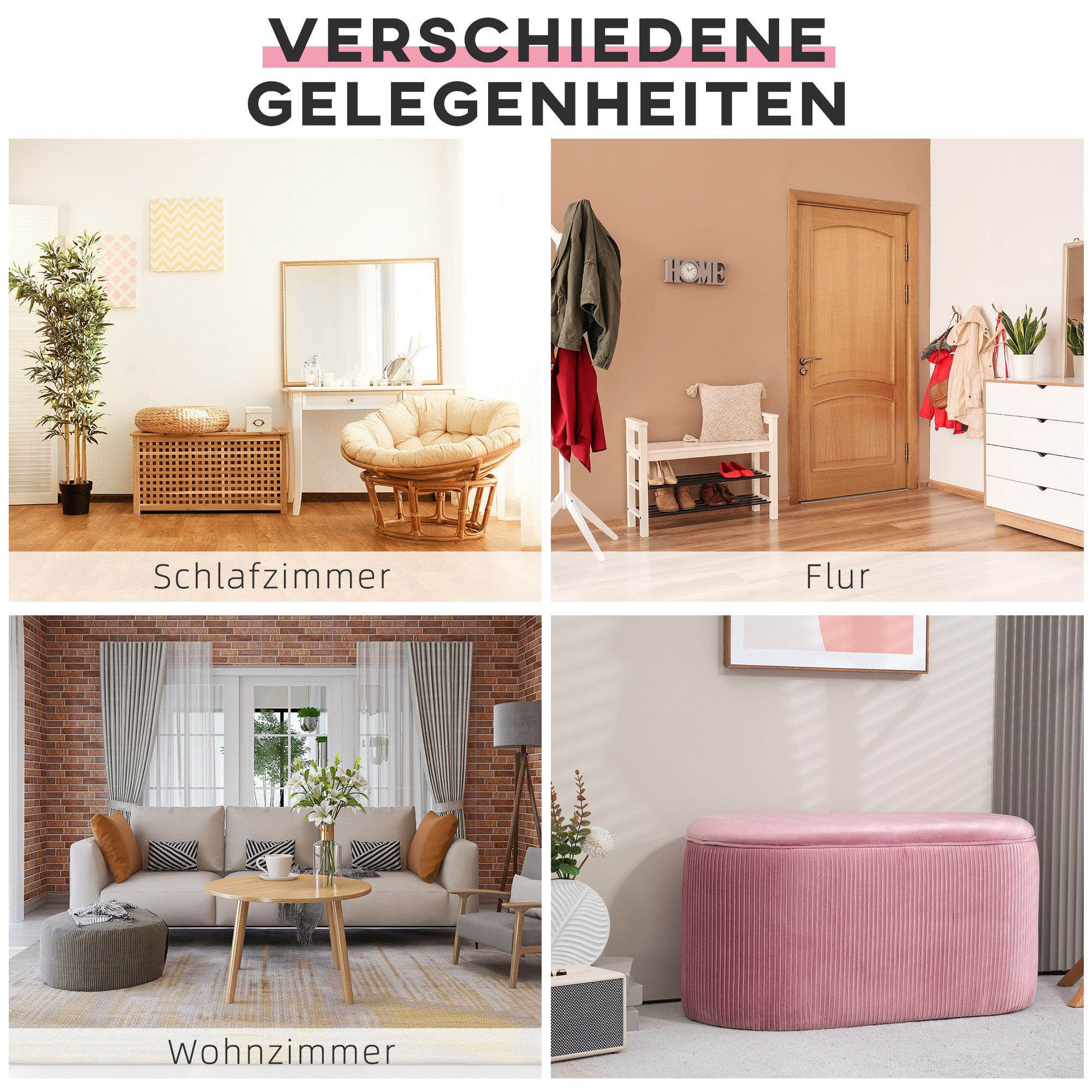 HOMCOM Sitzbank Bank mit Stauraum Polsterbank Ottomane, Retrodesign, Samtoptik, 81 cm x 40 cm x 41 cm, Altrosa
