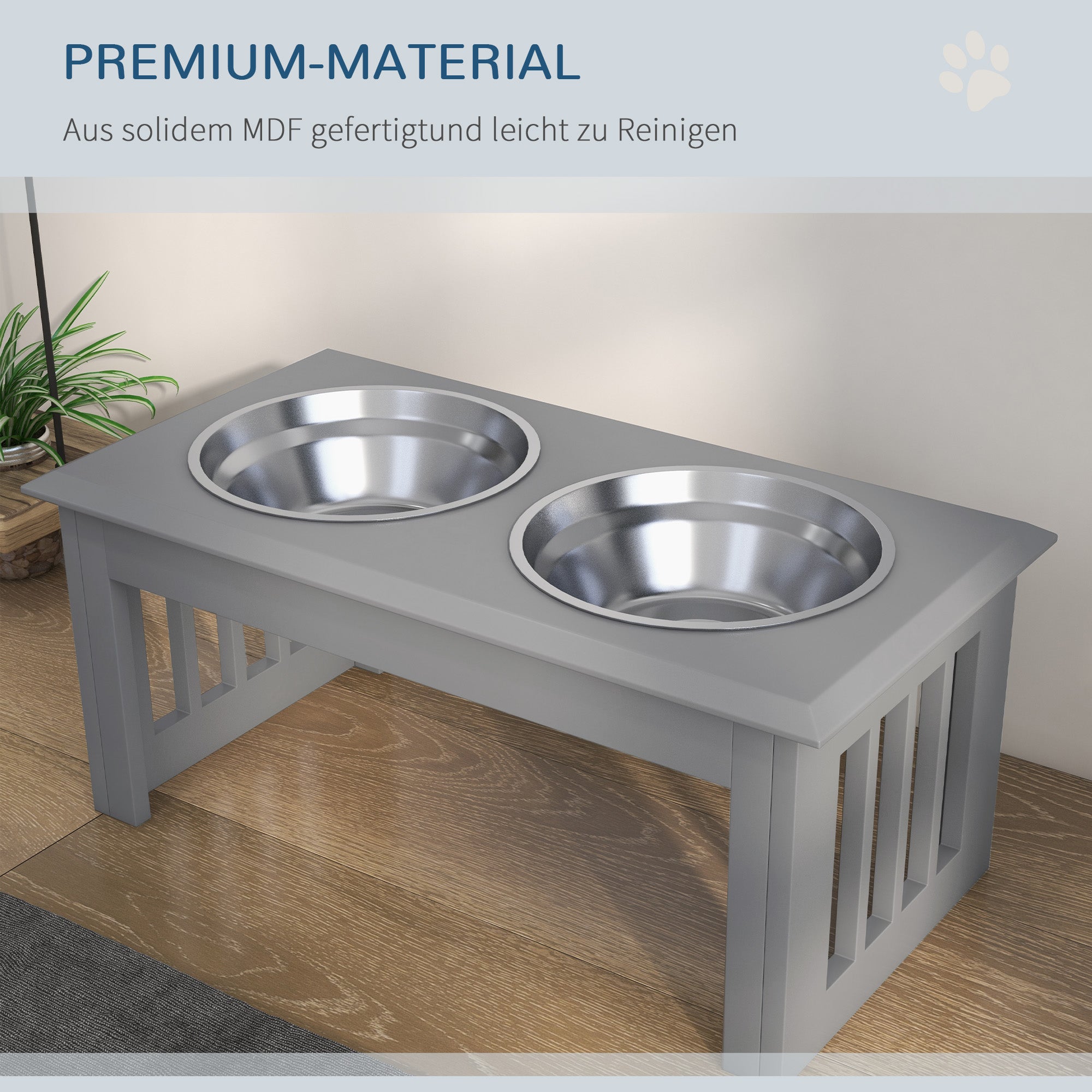 PawHut Hunde-Futterstation, 2 Edelstahlnäpfe, rutschfest, 58,4x30,5x25,4cm, Grau