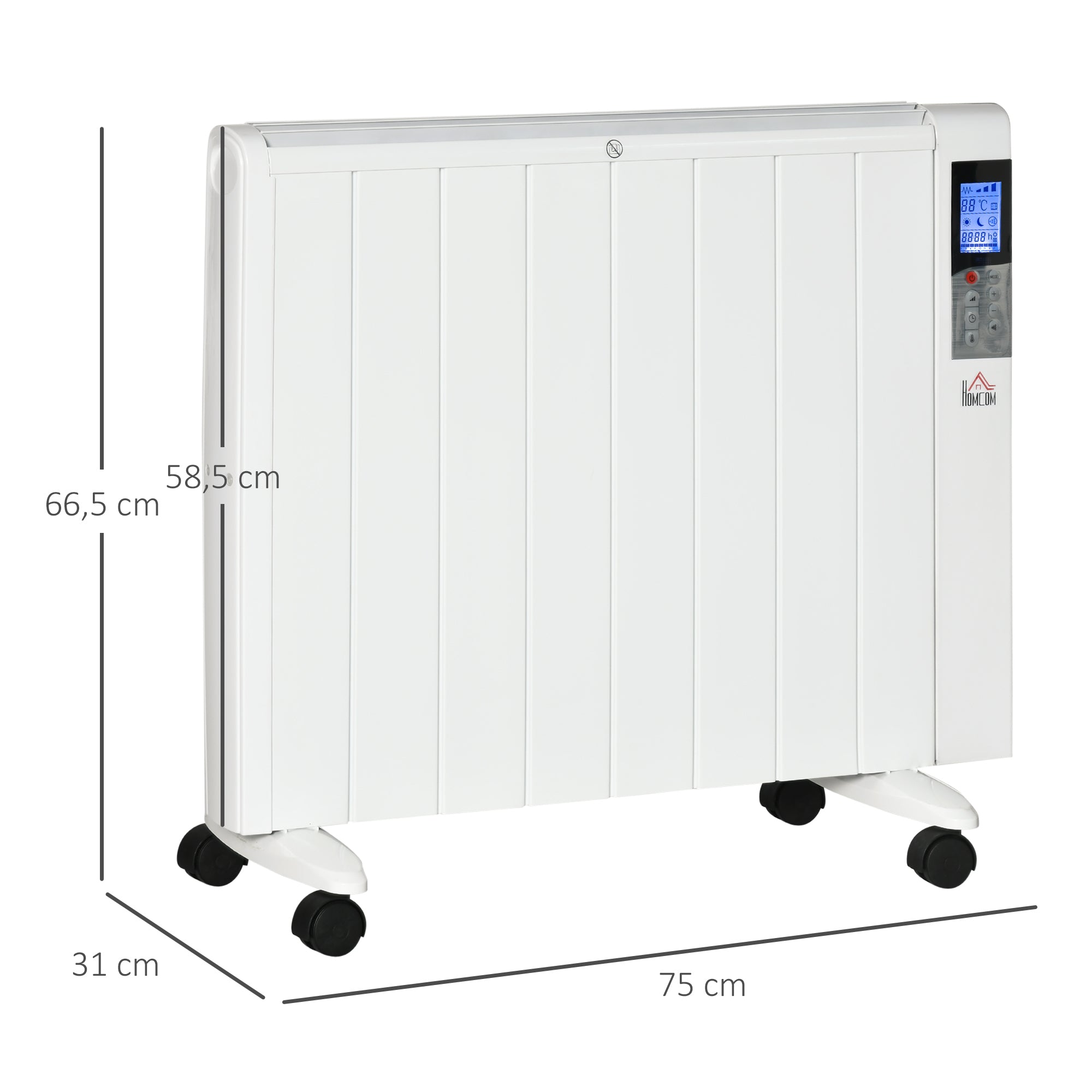 HOMCOM Elektroheizung mit Rollen, 9 vorinstallierte Modi, Wandmontage möglich, 5-35° C, weiß, 75 x 7,5 x 58,5 cm