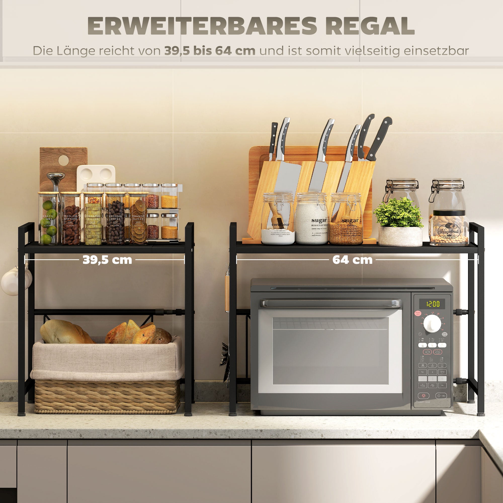 HOMCOM Mikrowellenregal, 3 Haken, ausziehbar, Metall, 40 cm hoch, Schwarz