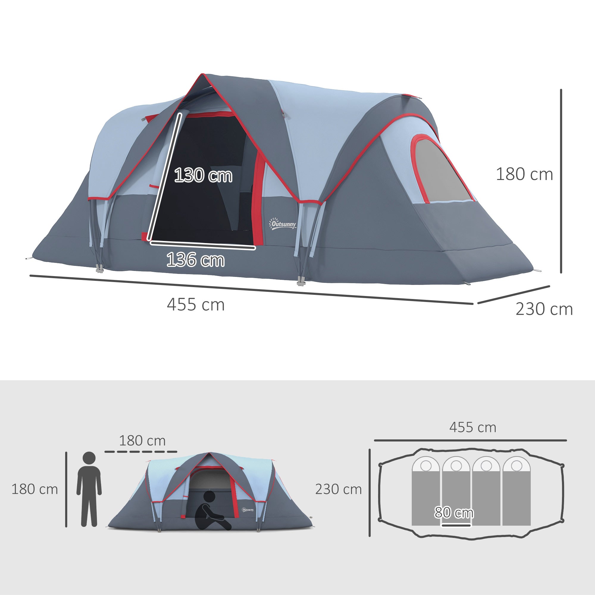 Outsunny Campingzelt für 5-6 Personen stabil wasserdicht Familienzelt mit Eingang Fenster Packtasche, Zelt mit 3000mm Wassersäule Tunnelzelt Kuppelzelt für Camping Reise Garten, Hellgrau
