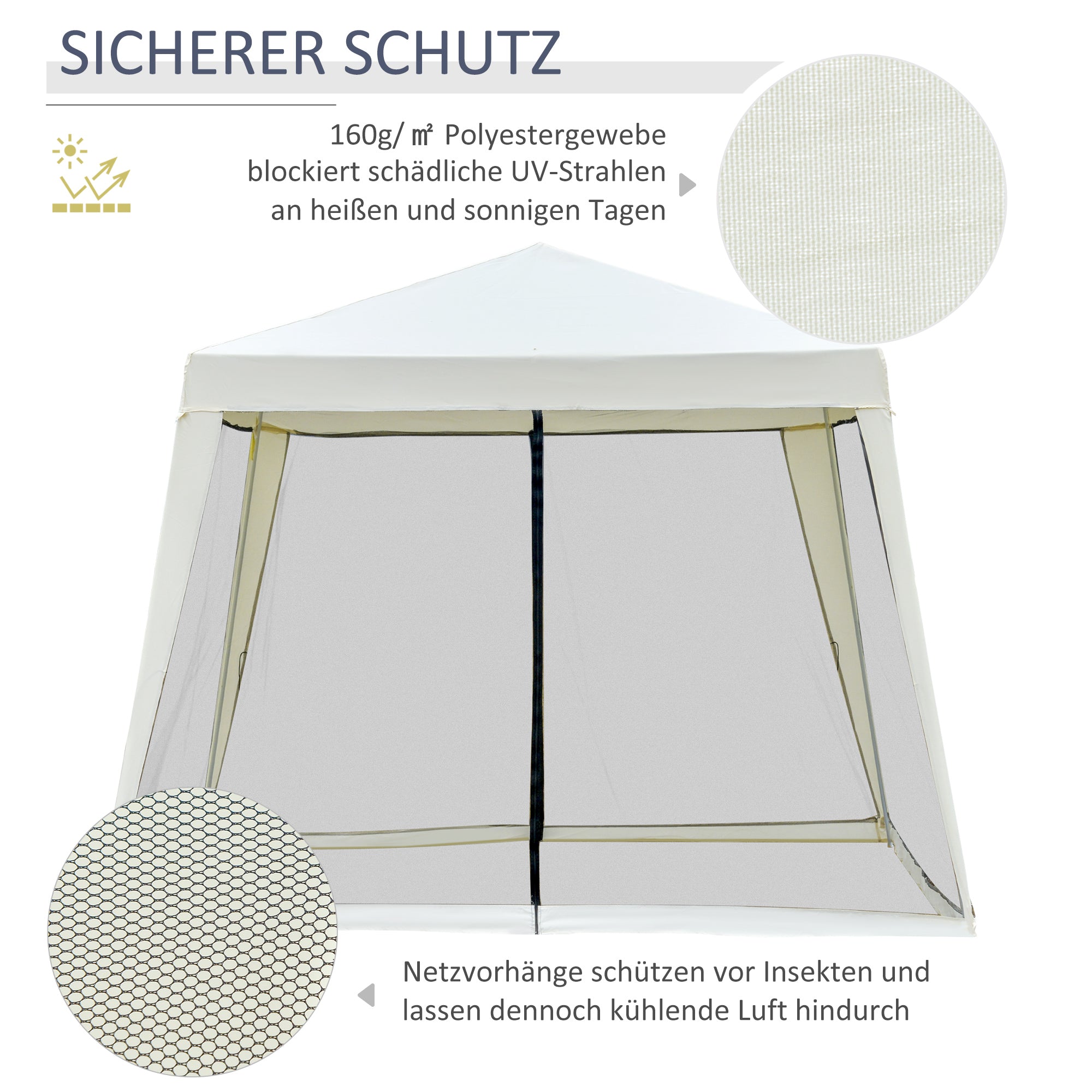 Outsunny Gartenpavillon Pavillon Festzelt Partyzelt wetterfest Zelt mit Moskitonetz Metall + Polyester Cremeweiß 3 x 3 m