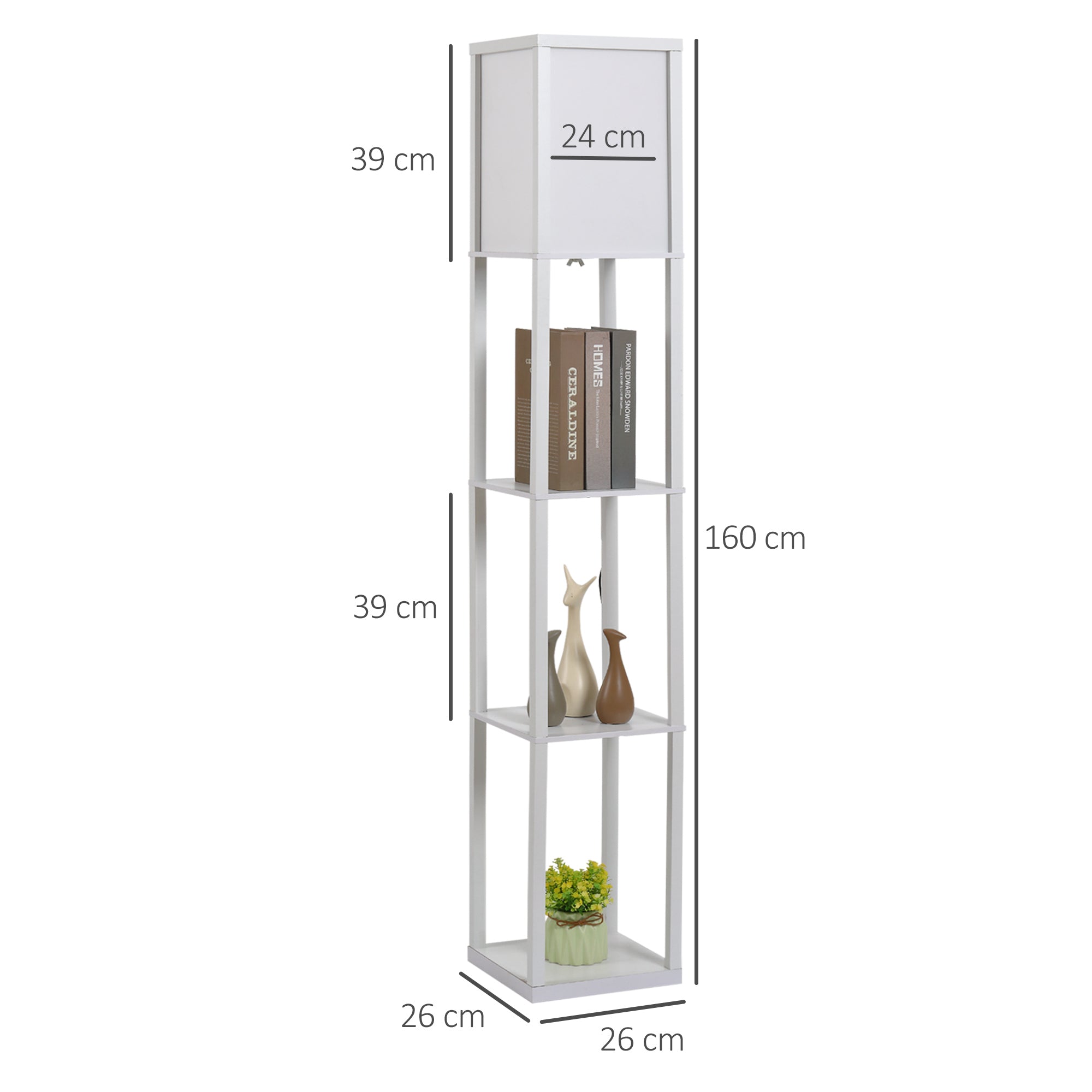 HOMCOM Stehlampe mit Regalen, Stehleuchte, Holz, 26 x 26 x 160 cm, für Wohn-/Schlafzimmer (Ohne Glühbirne)