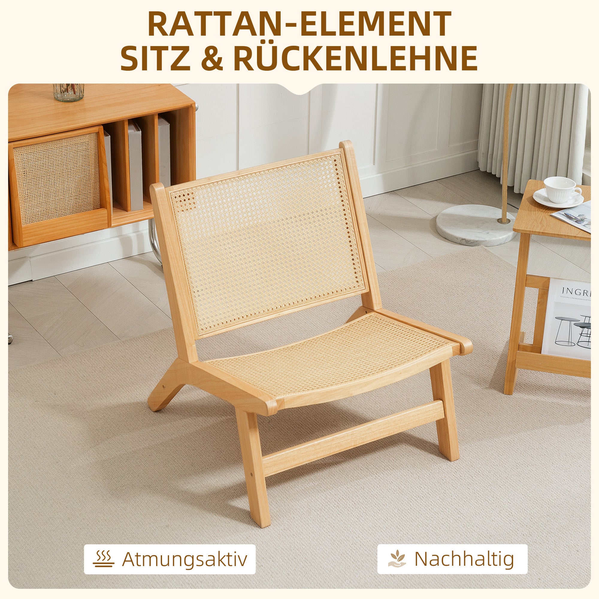 HOMCOM Rattanstuhl, Lesestuhl, Holzrahmen, breiter Sitz, 64 x 70 x 74 cm, Naturholz