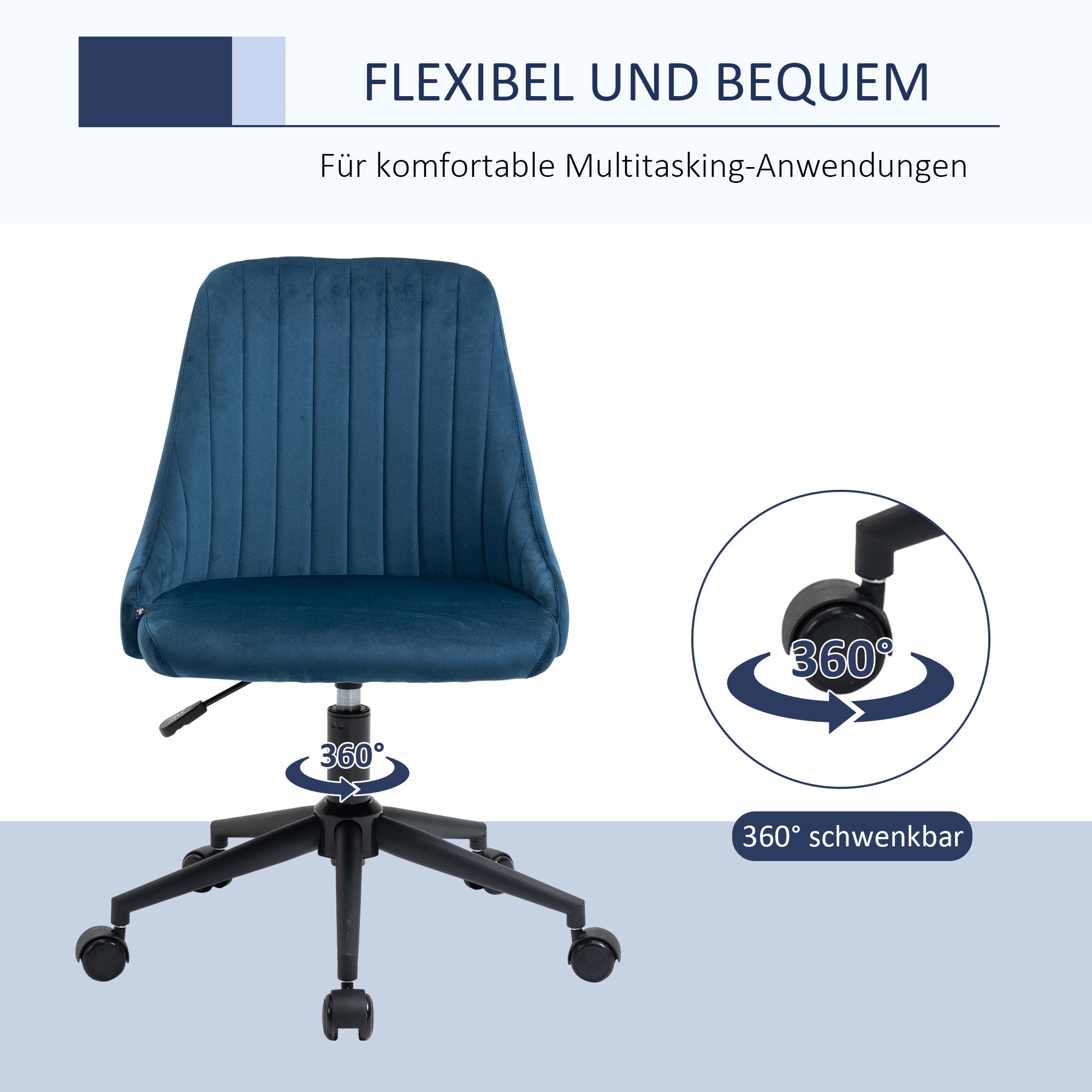 Vinsetto Bürostuhl Drehstuhl Schreibtischstuhl Ergonomisches Liniendesign höhenverstellbar 360° drehbar Schaumstoff Samtartiges Polyester Blau 50 x 58 x 77-87 cm