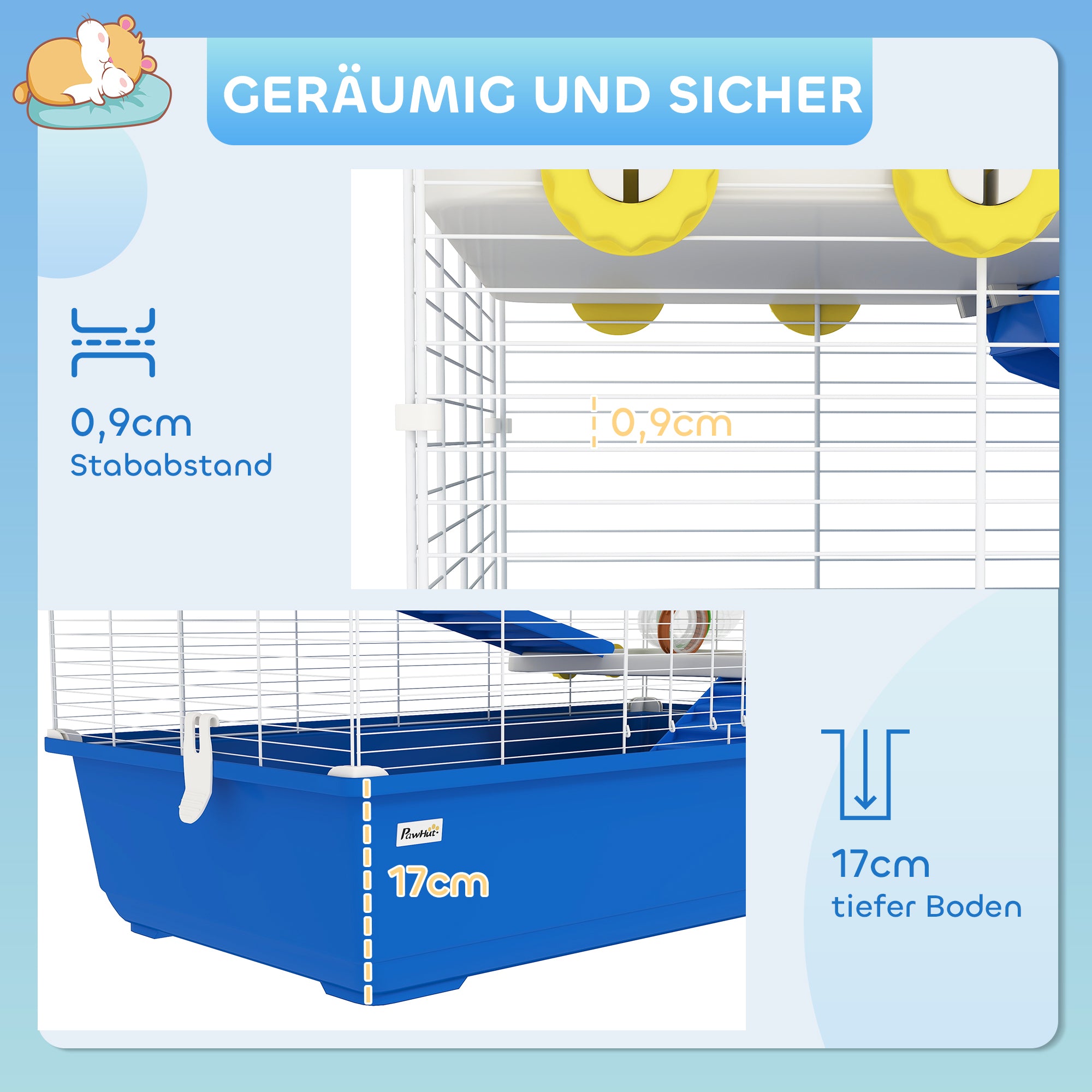 PawHut Hamsterkäfig mit 4 Ebenen, Kleintierkäfig mit Tunnelsystem, Hütte, Laufrad, für Zwerghamster, 78 x 45 x 73 cm, Blau