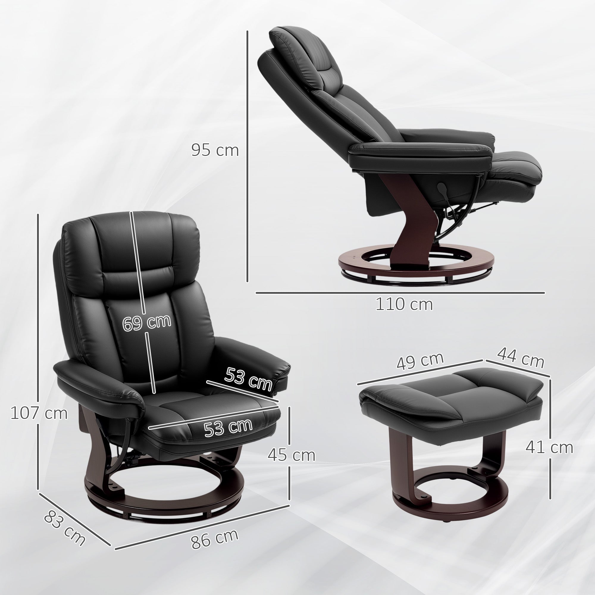 HOMCOM Relaxsessel mit Fußhocker, Verstellbarer Sessel, Kunstleder-Bezug, Polstersessel mit klappbarer Rückenlehne, Schwarz