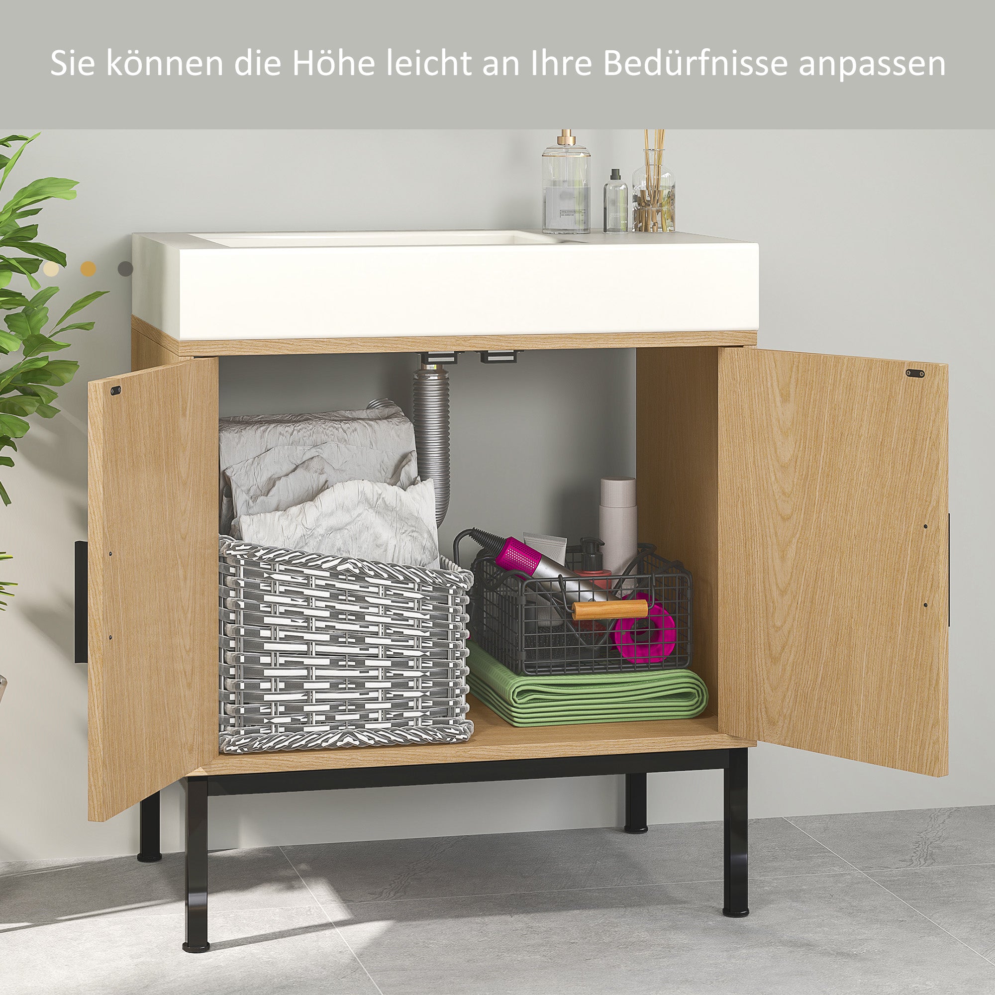 kleankin Badezimmerunterschrank, im Boho-Design, Badezimmerschrank, Rattan-Elemente, mit U-Ausschnitt, Eiche