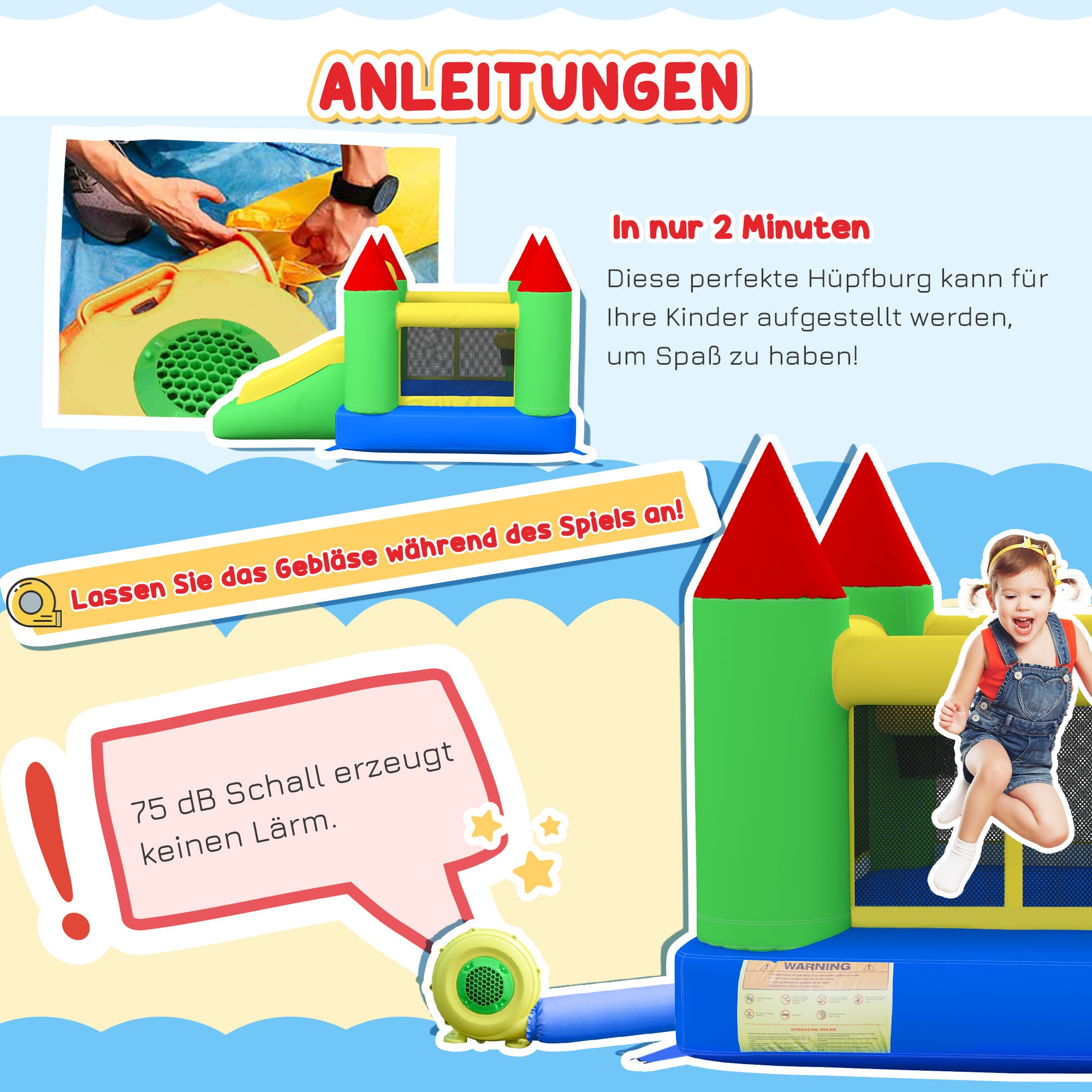 HOMCOM Hüpfburg mit Rutsche und Sicherheitsnetz, bis 100 kg, 3-10 Jahre, 300x180x160cm
