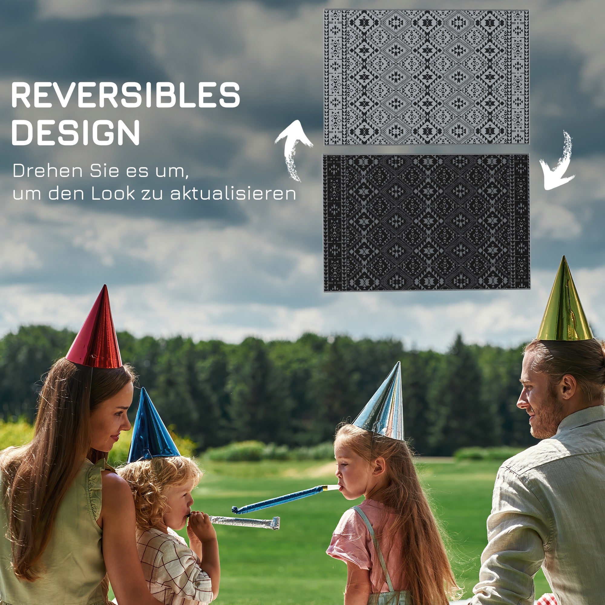 Outsunny Outdoor Wendeteppich, wasserfest, geometrisch, 182x274cm, Schwarz/Grau