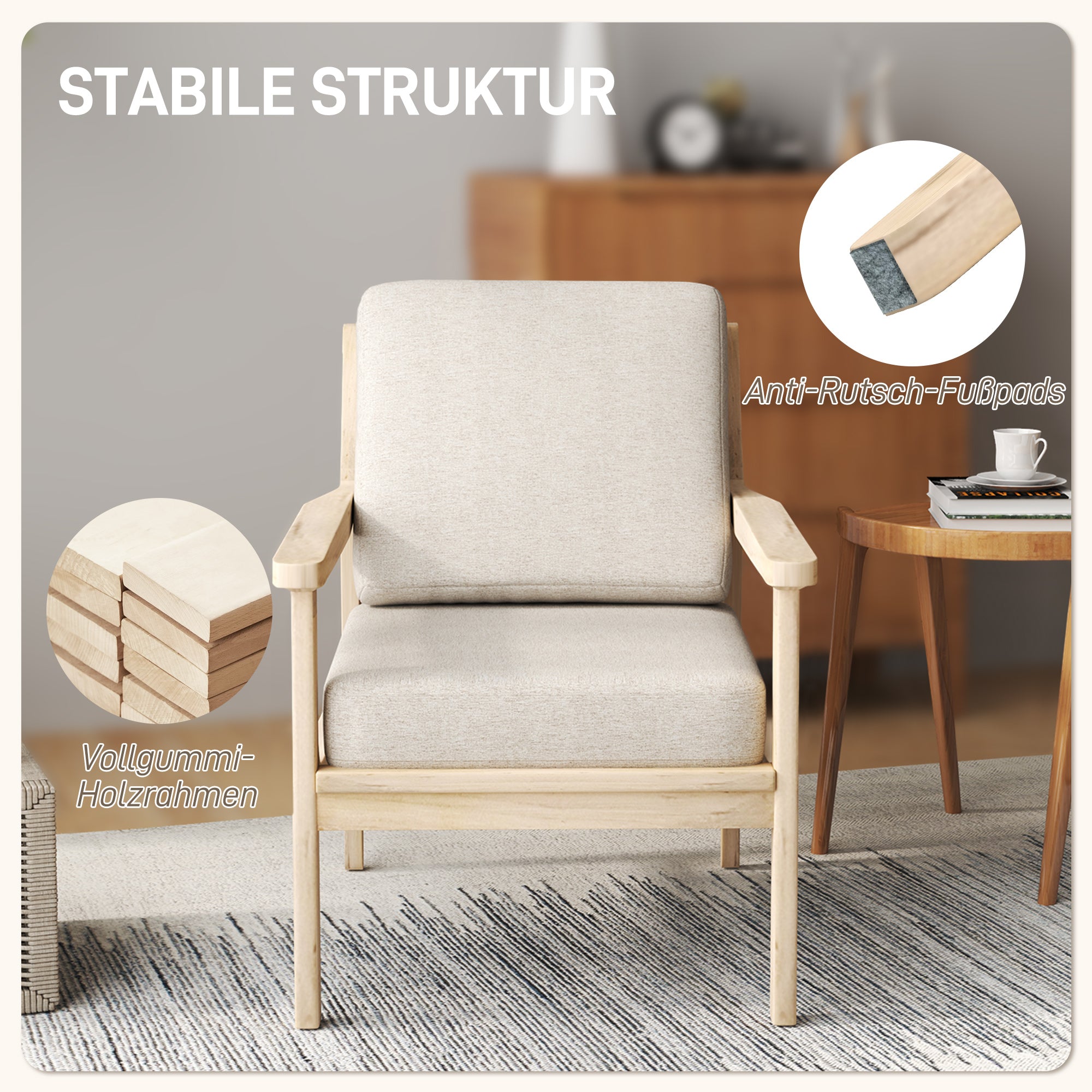 HOMCOM Polsterstuhl mit Armlehnen, solidem Holzrahmen und abnehmbaren Kissen, für Wohnzimmer, Schlafzimmer, Beige