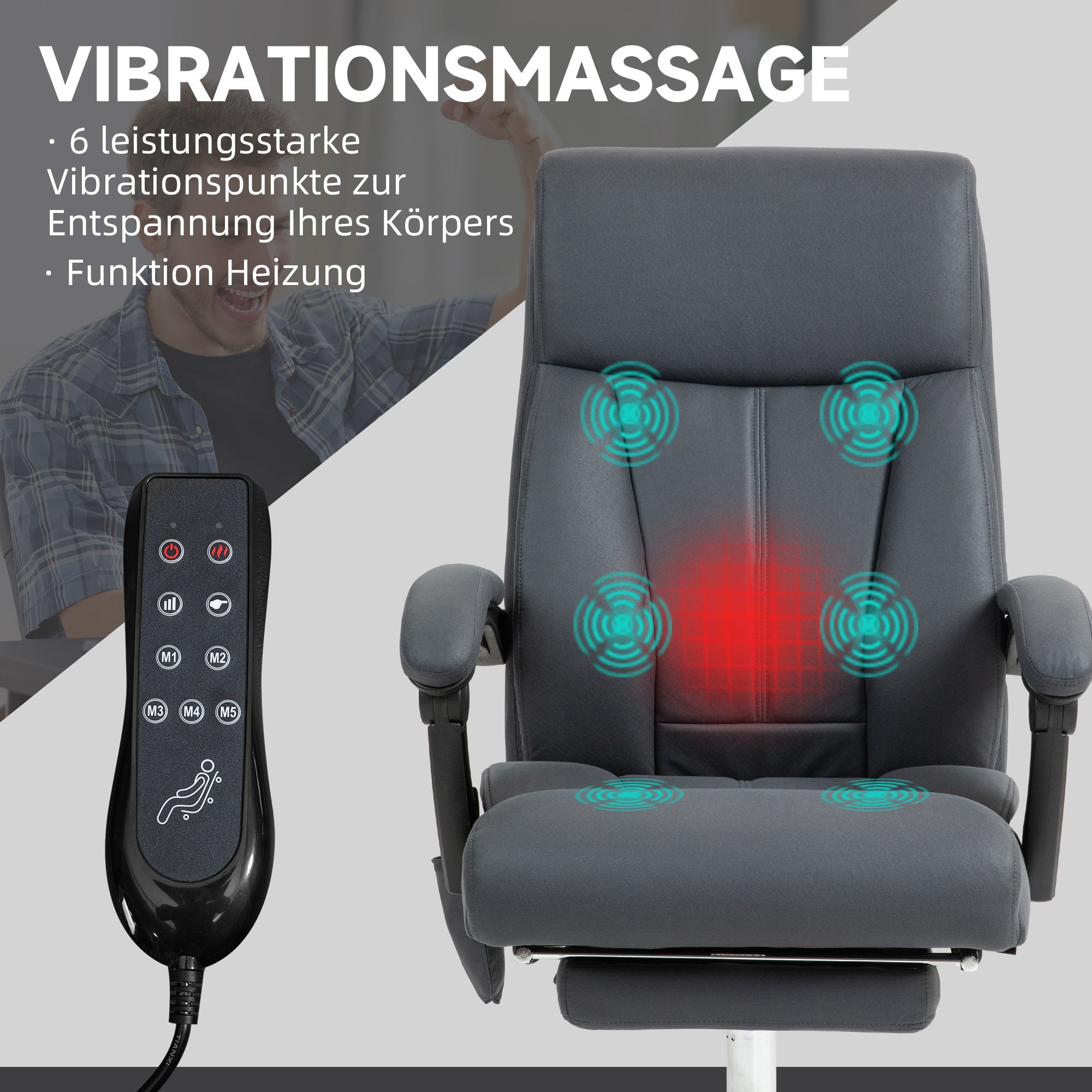 Vinsetto Bürostuhl mit Massagefunktion & Heizfunktion, Fußstütze, bis 120 kg, Dunkelgrau