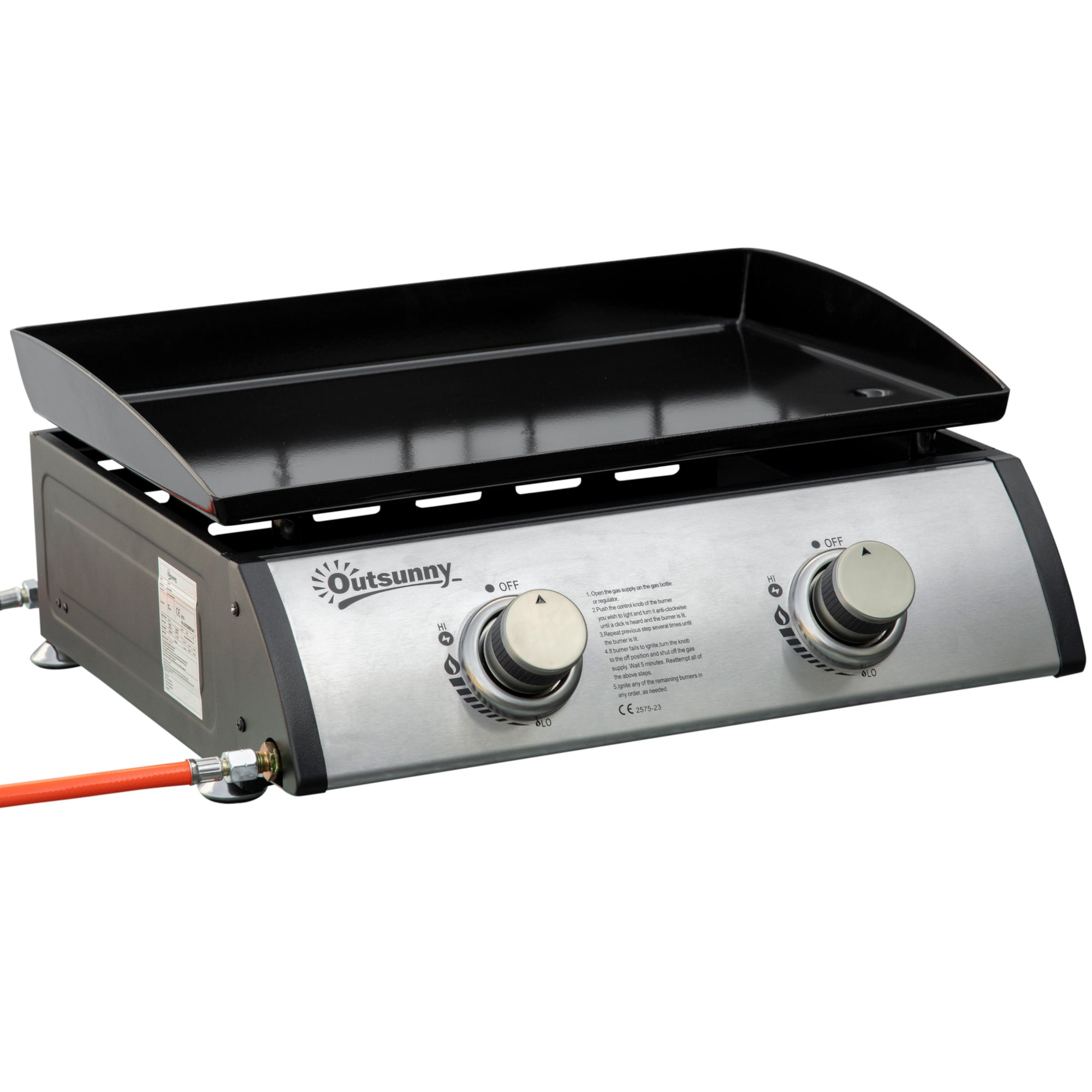 Outsunny Gasgrill mit 2 Brennern, Schlauch, Antihaft-Grillplatte, Edelstahl, Farbe: Silber, 48,5 x 46 x 21 cm
