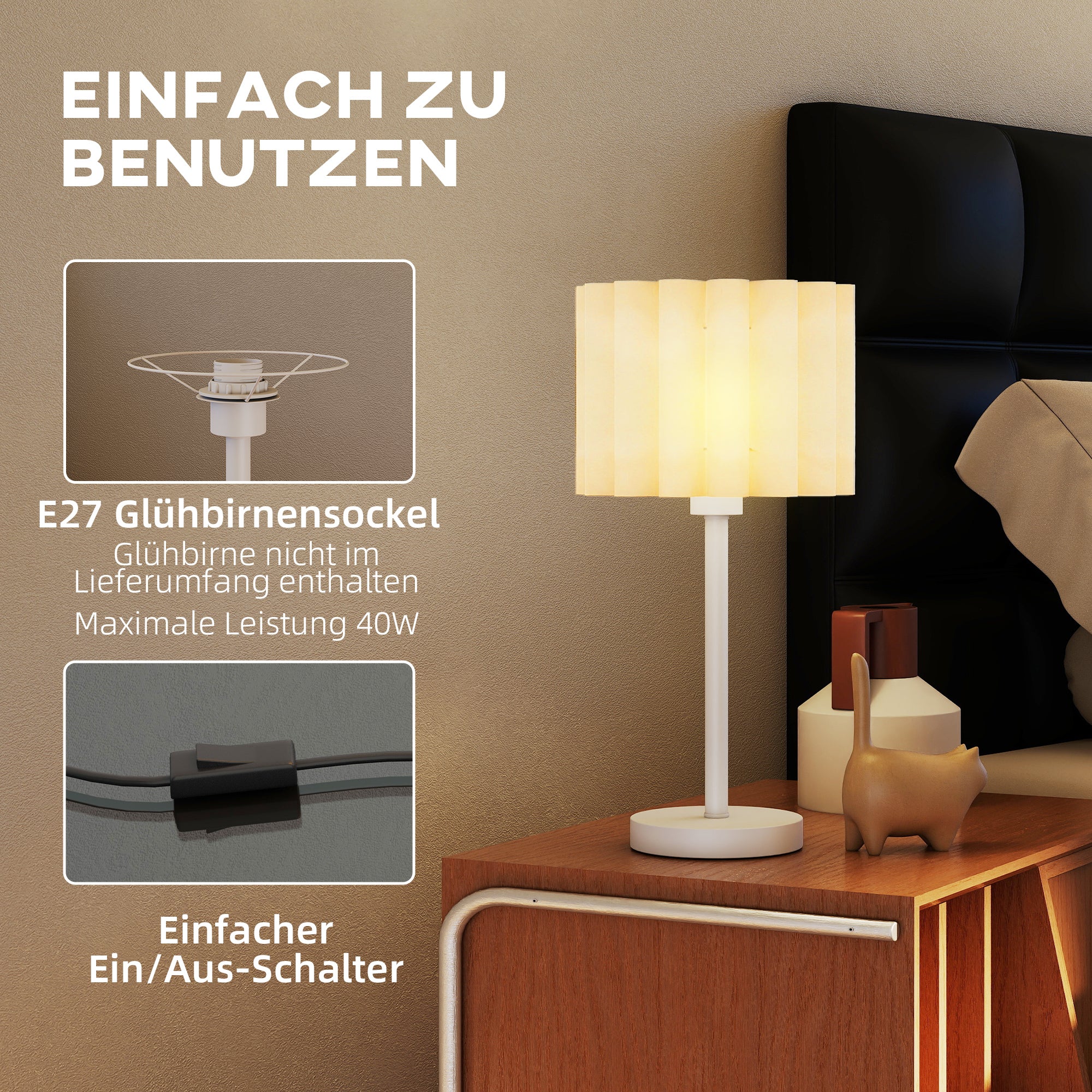HOMCOM Tischlampe im Retro-Stil, Nachttischlampe, Kunststoff-Schirm, Knopfschalter, Weiß