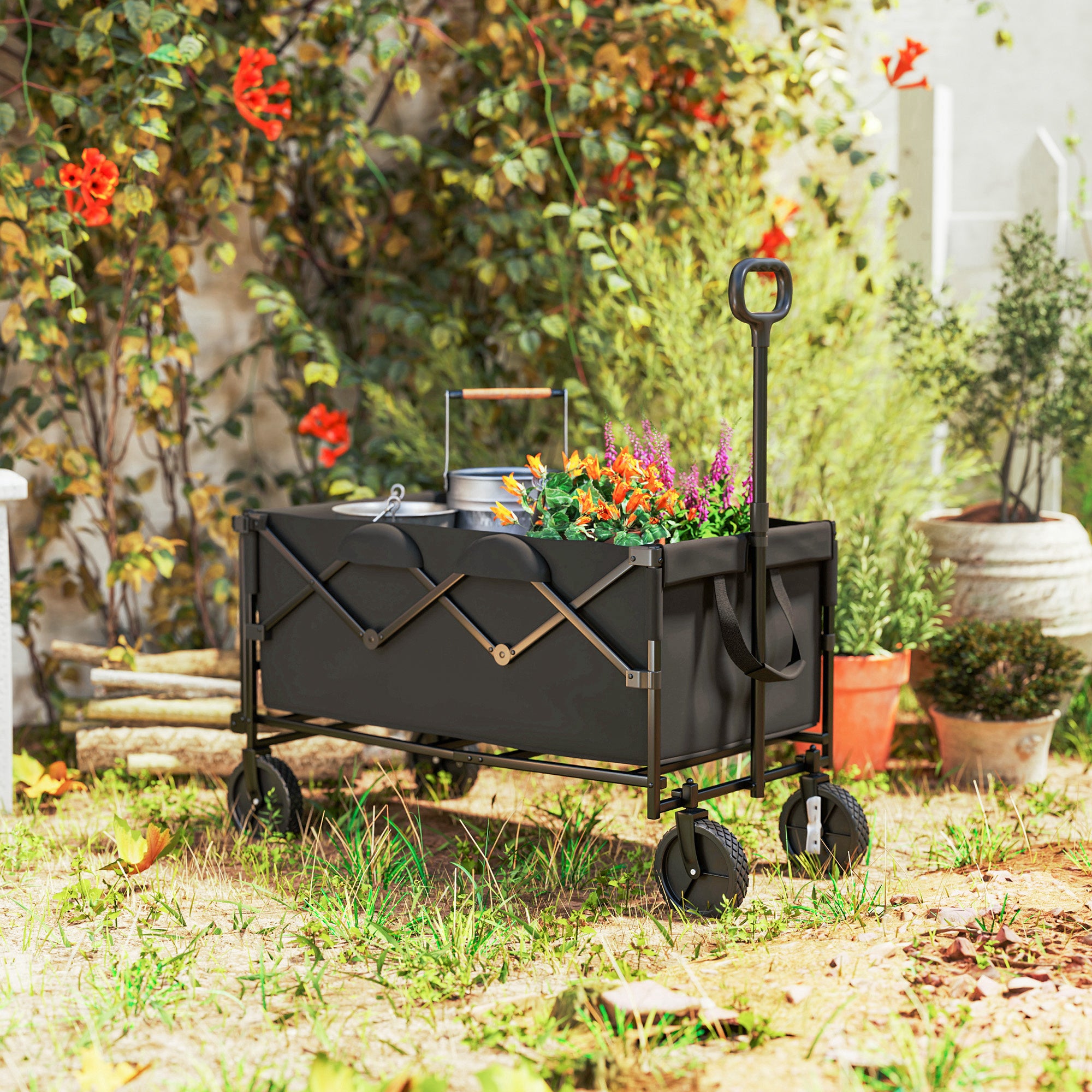 Outsunny Gartenwagen 100 kg belastbar klappbar Erweiterter Transportwagen mit herausnehmbare Plane Schwarz