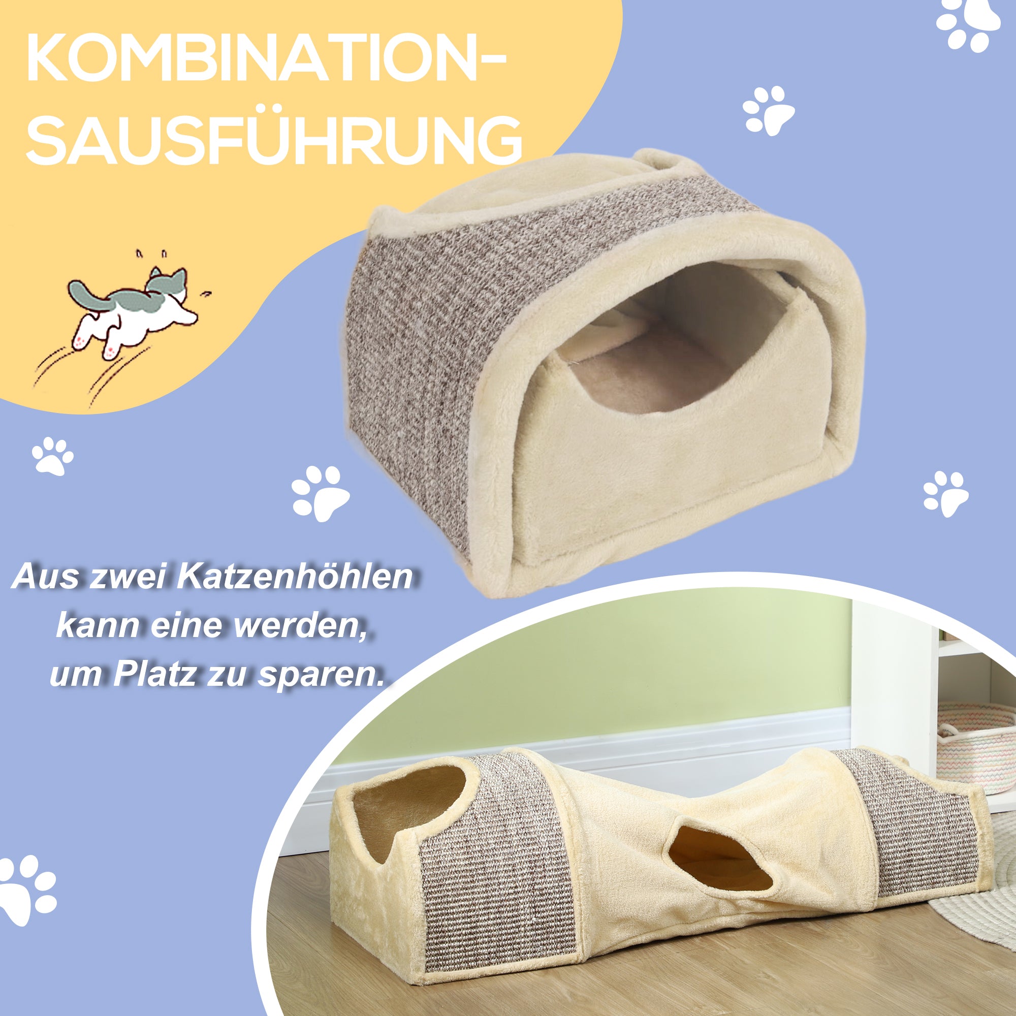 PawHut Katzentunnel mit 3 Öffnungen, plüschig, Sisal-Kratzseil, 107x38x29 cm, Beige/Grau