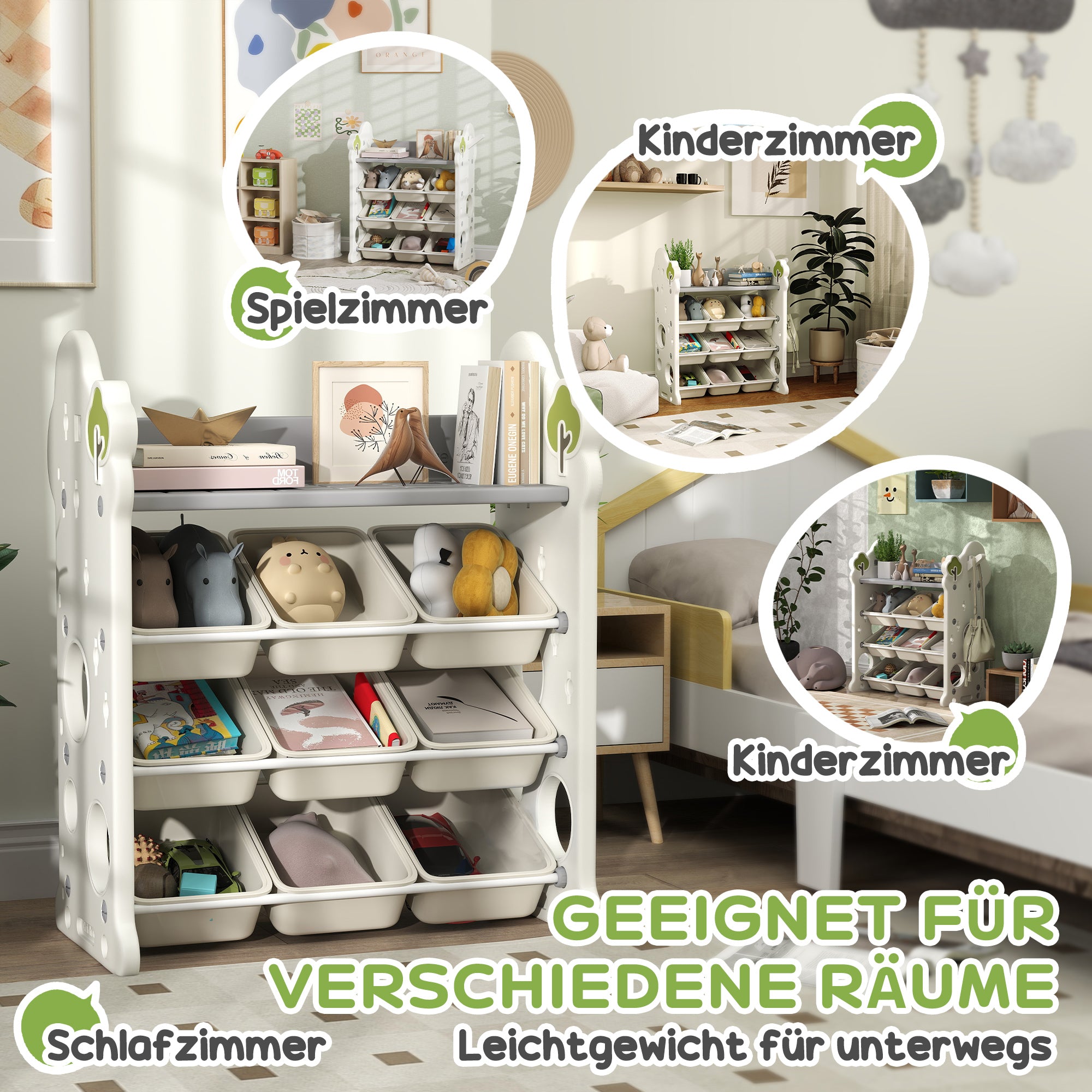 AIYAPLAY Kinder-Aufbewahrungsregal mit 9 Behältern, für Spielzeug und Bücher, Kinderzimmer, Kindergarten, Kunststoff, Cremeweiß